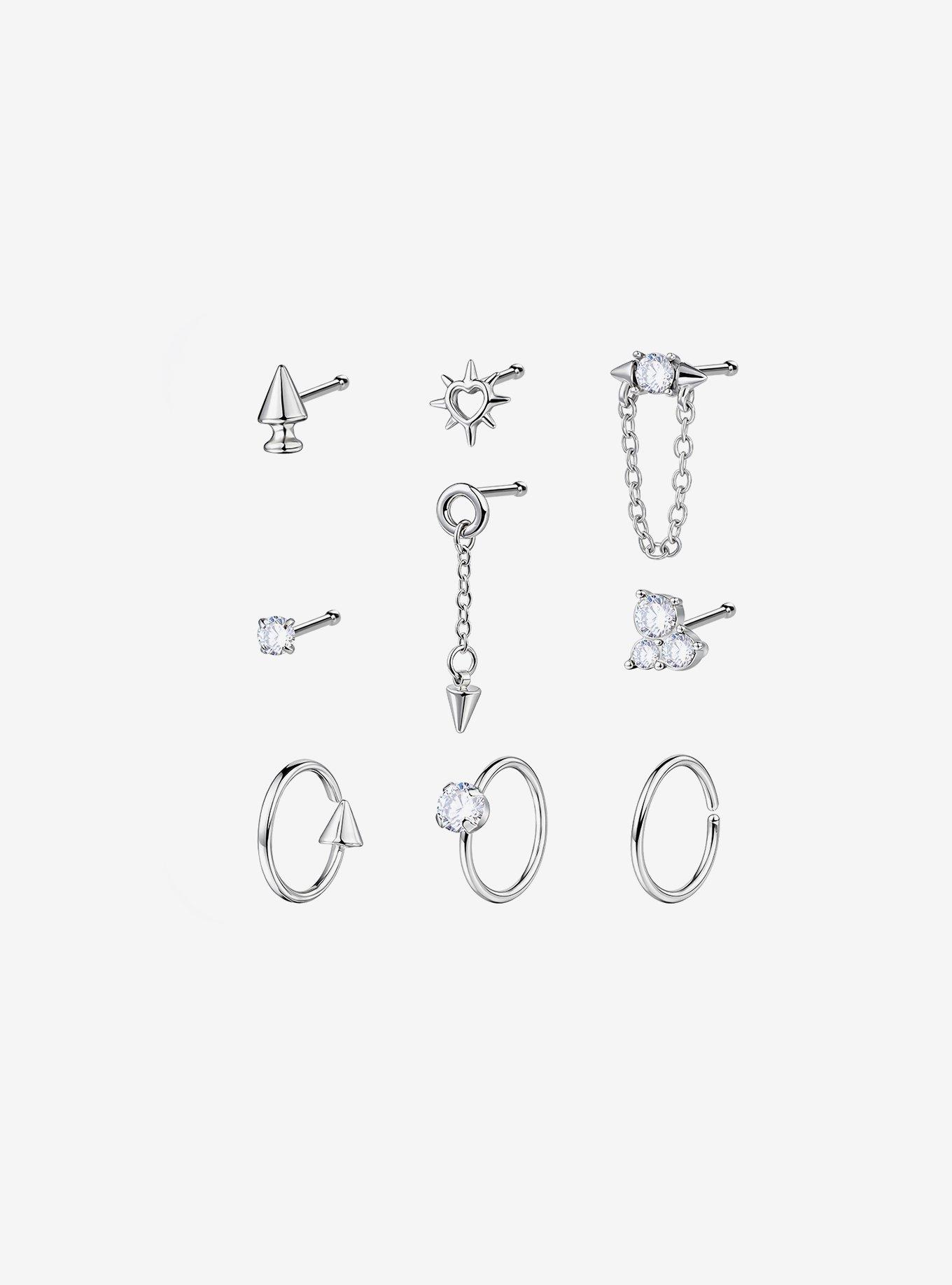 Steel Bling Spike Heart Nose Stud & Hoop 9 Pack