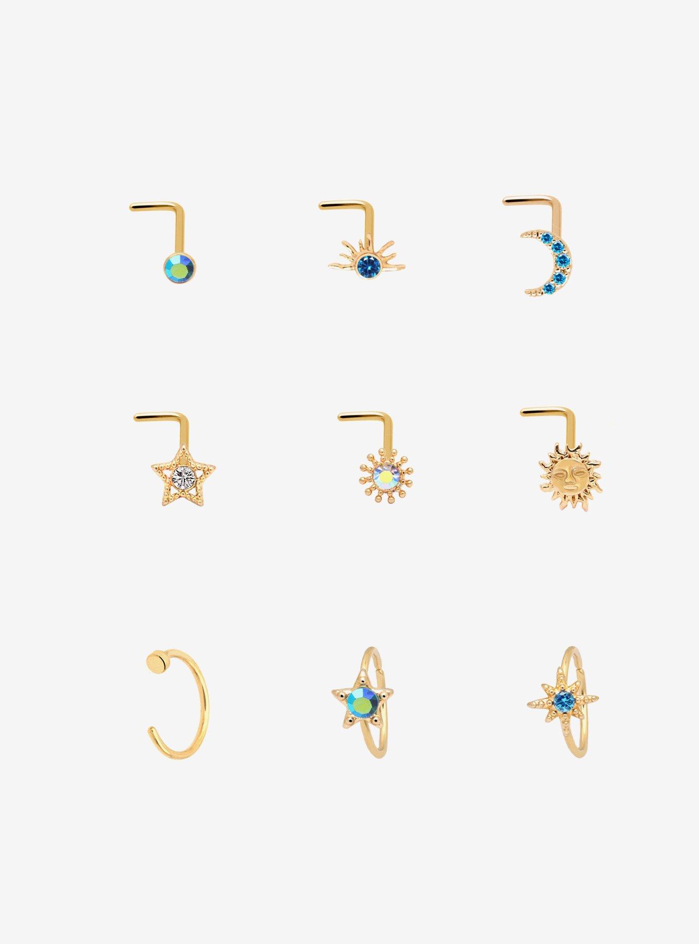 Steel Gold Celestial Blue Gem Nose Stud & Hoop 9 Pack