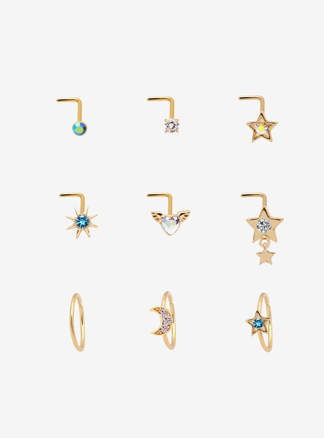Steel Gold Star & Winged Heart Nose Stud & Hoop 9 Pack, , hi-res