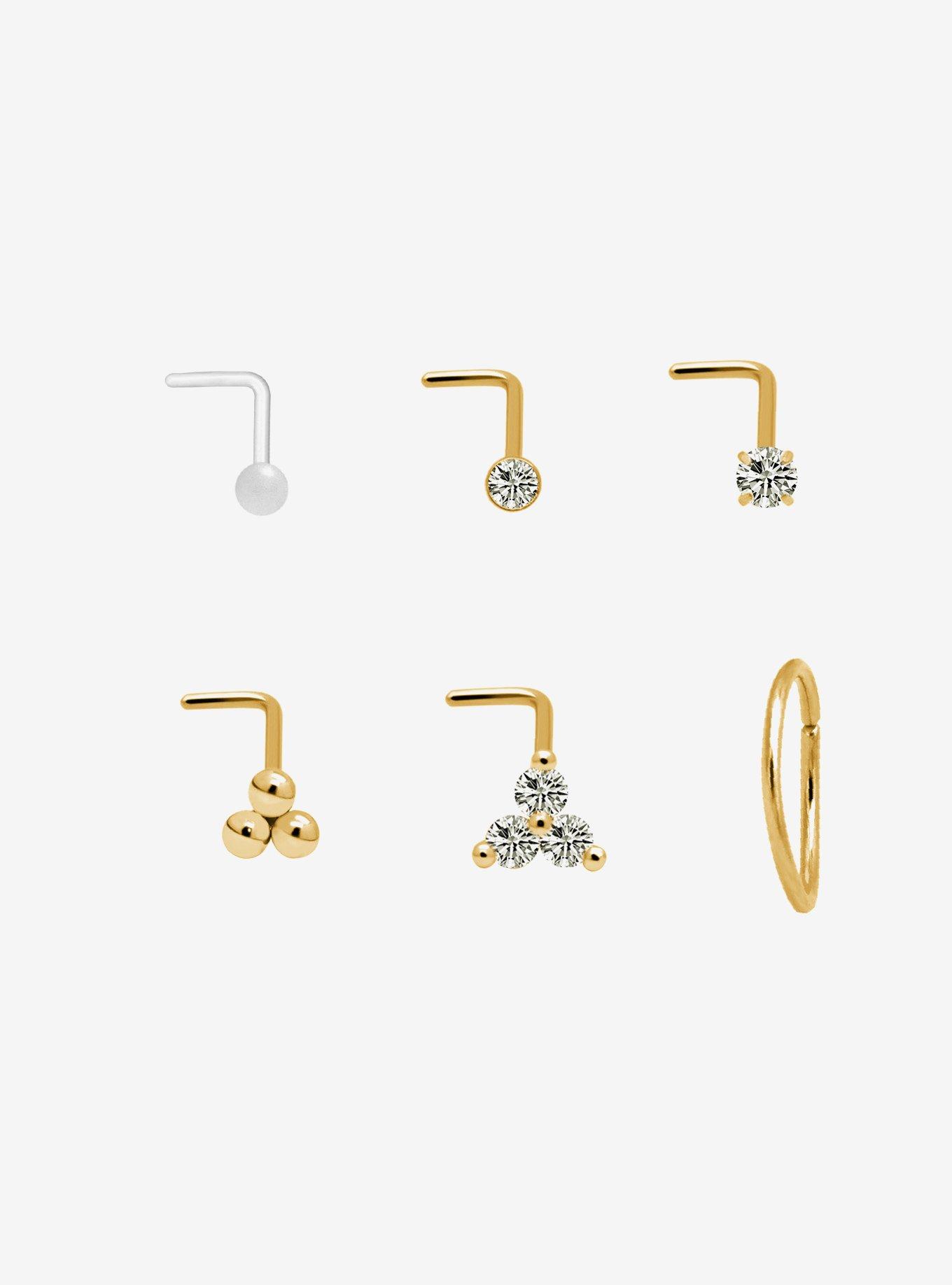 Steel Gold & Clear Gem Nose Stud & Hoop 6 Pack