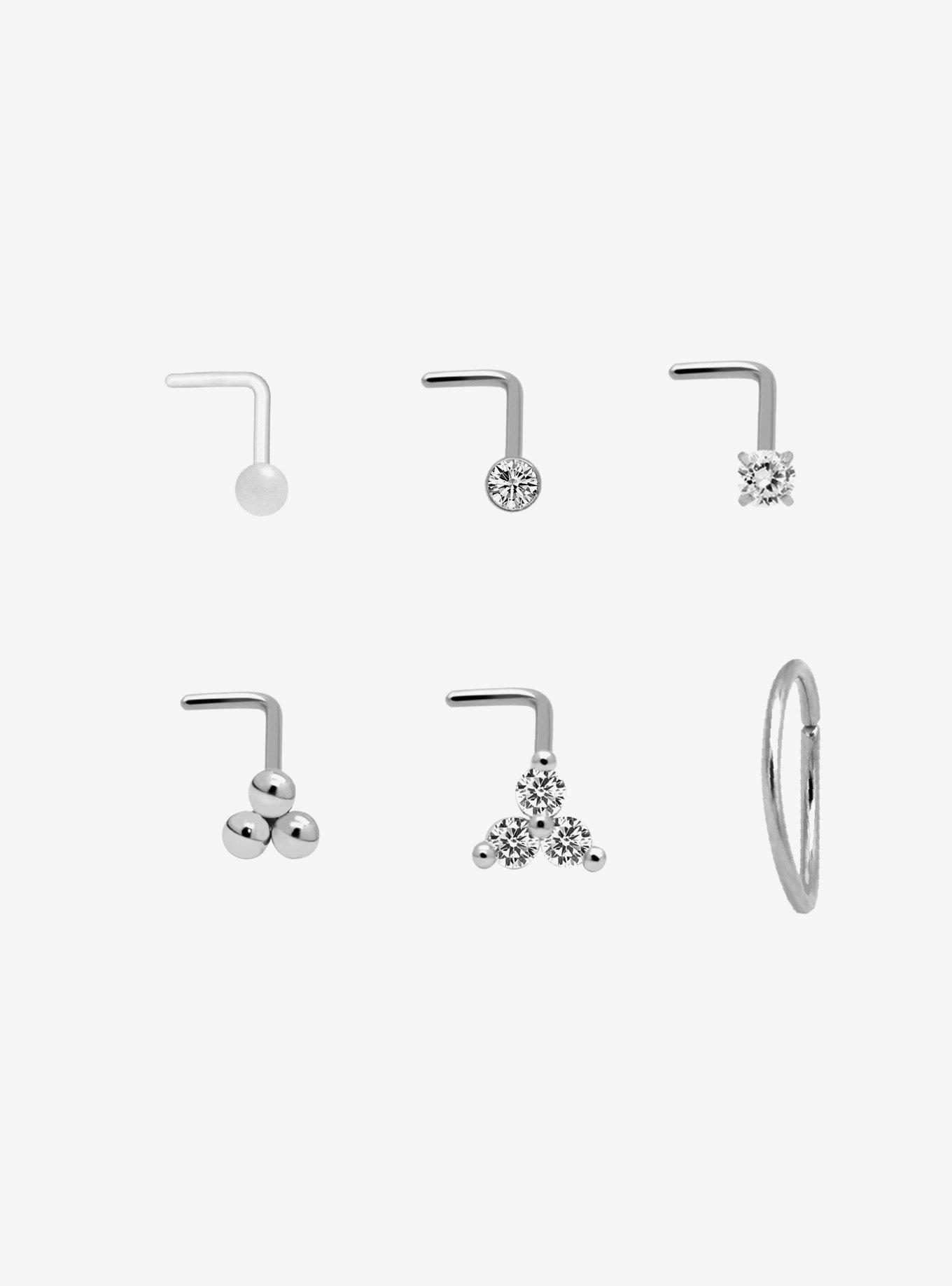 Steel Silver Clear Gem Nose Stud & Hoop 6 Pack, , hi-res