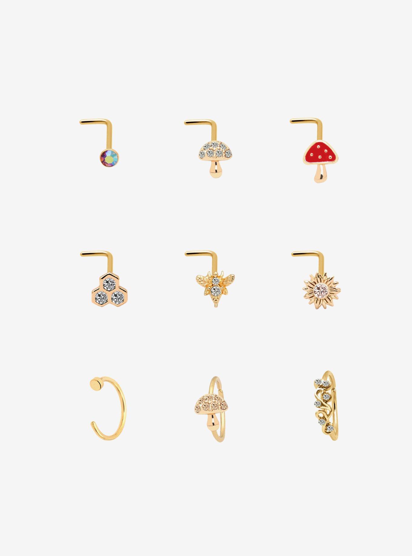 Steel Gold Mushroom & Gem Nose Stud & Hoop 9 Pack, , hi-res