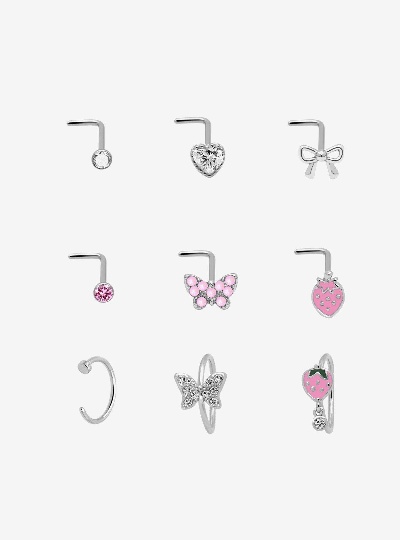 Steel Silver Butterfly & Bow Nose Stud & Hoop 9 Pack
