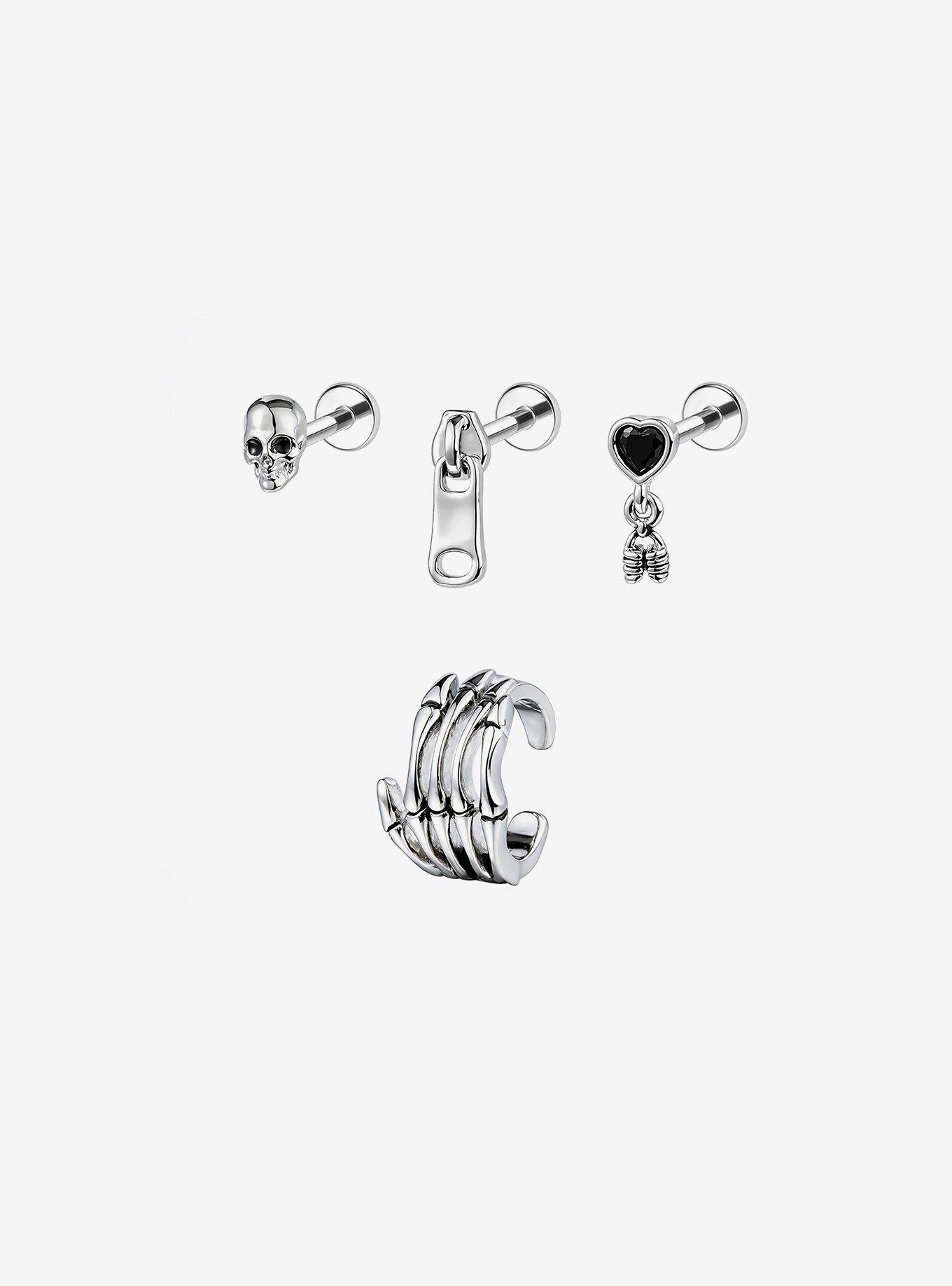 Steel Skull Zipper Heart Cartilage Stud & Cuff 4 Pack, , hi-res