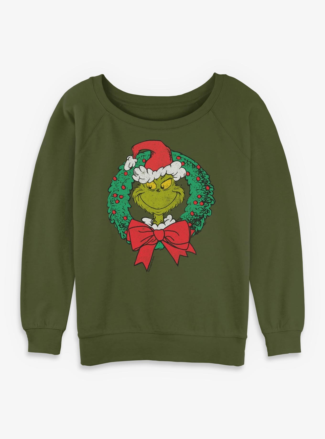 Dr. Seuss How The Grinch Stole Christmas Grinch Wreath Womens Slouchy Sweatshirt, , hi-res