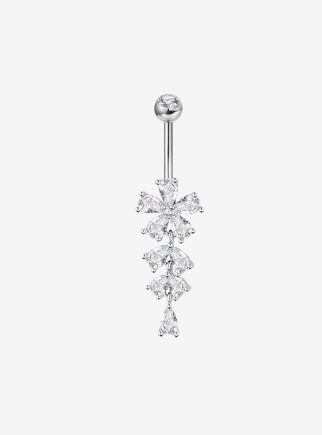 Steel Silver CZ Gem Flower Navel Barbell, , hi-res
