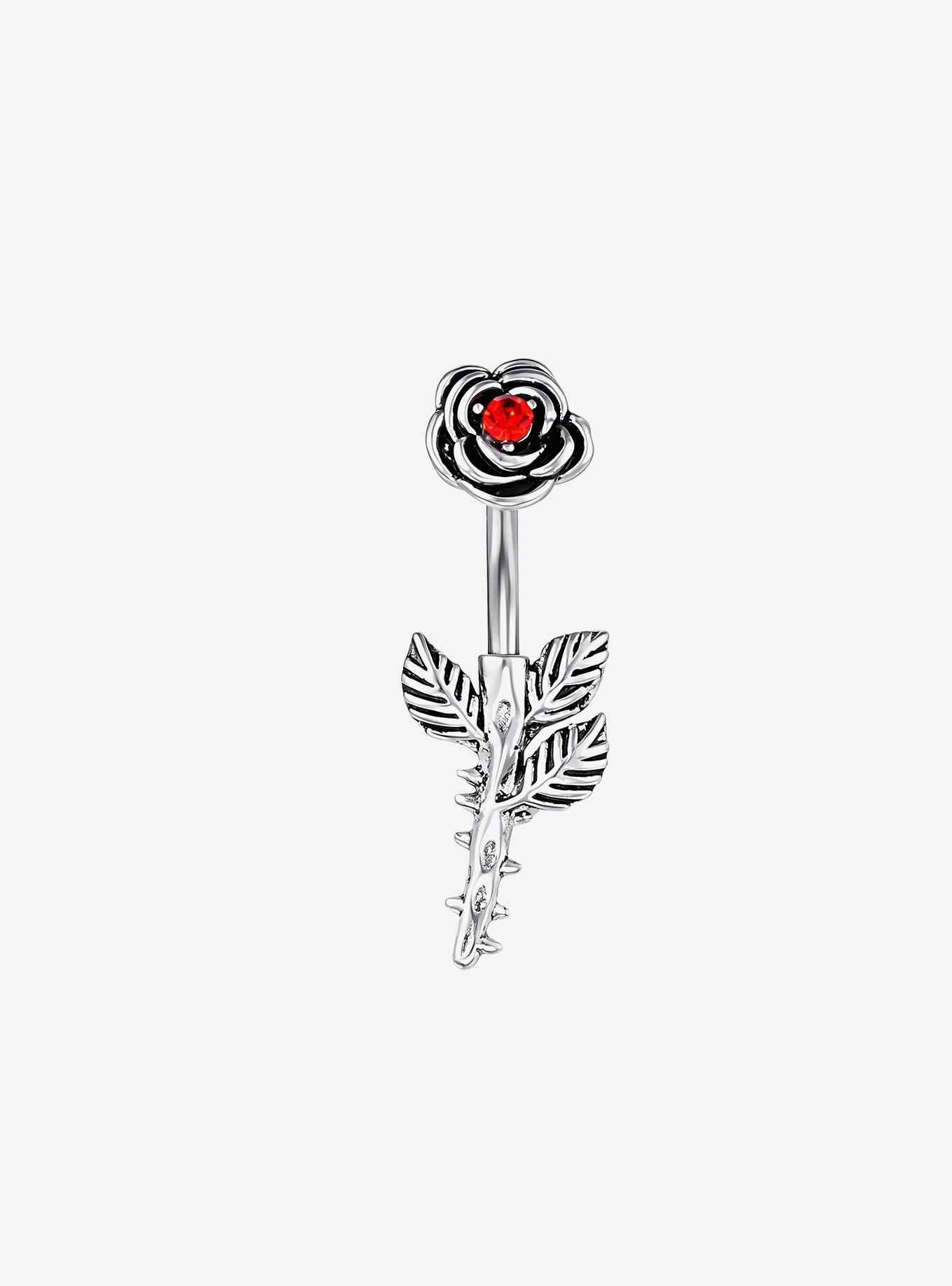 Steel Silver Rose Navel Barbell, , hi-res