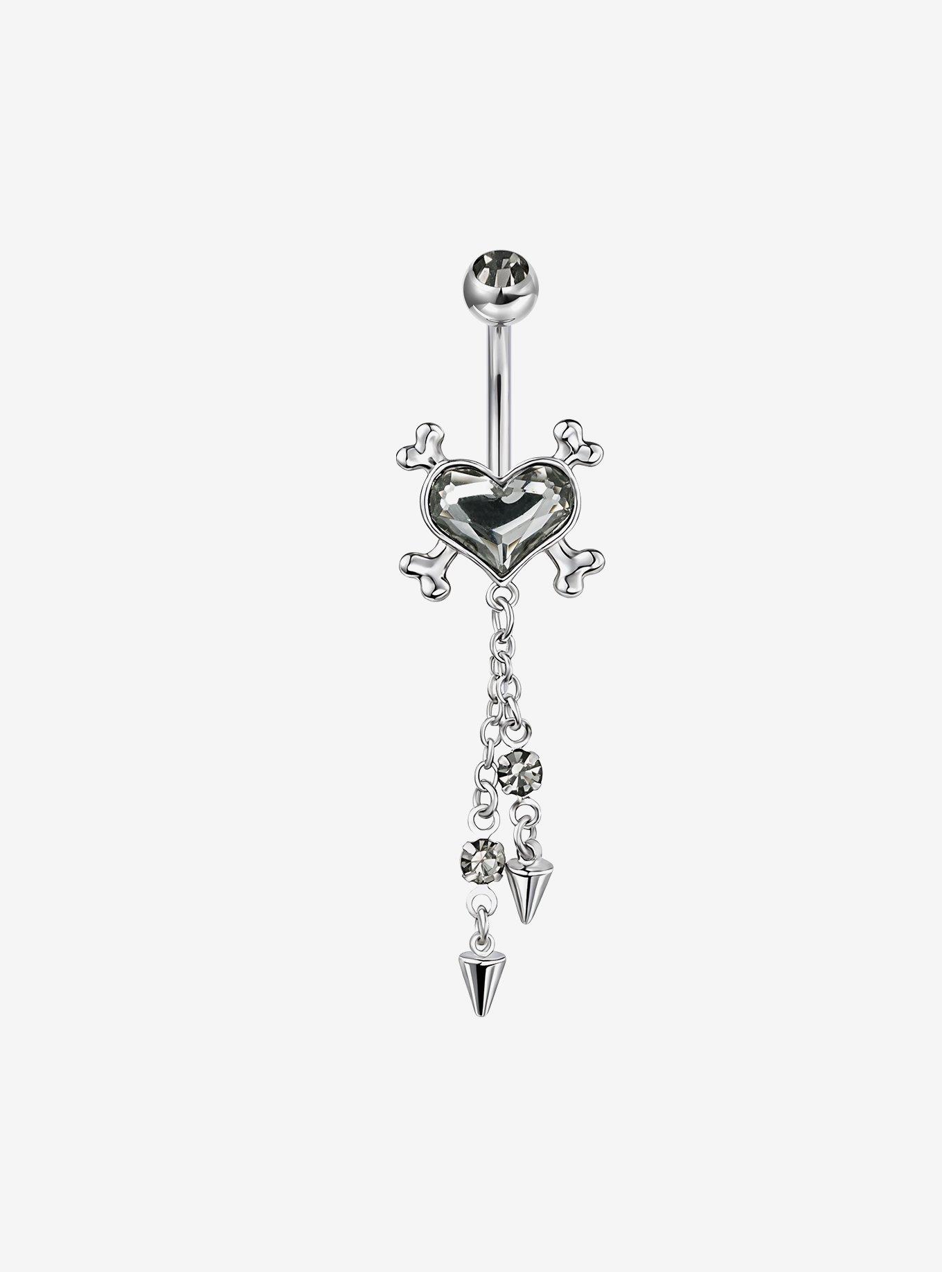Steel Silver Heart & Crossbones Navel Barbell, , hi-res
