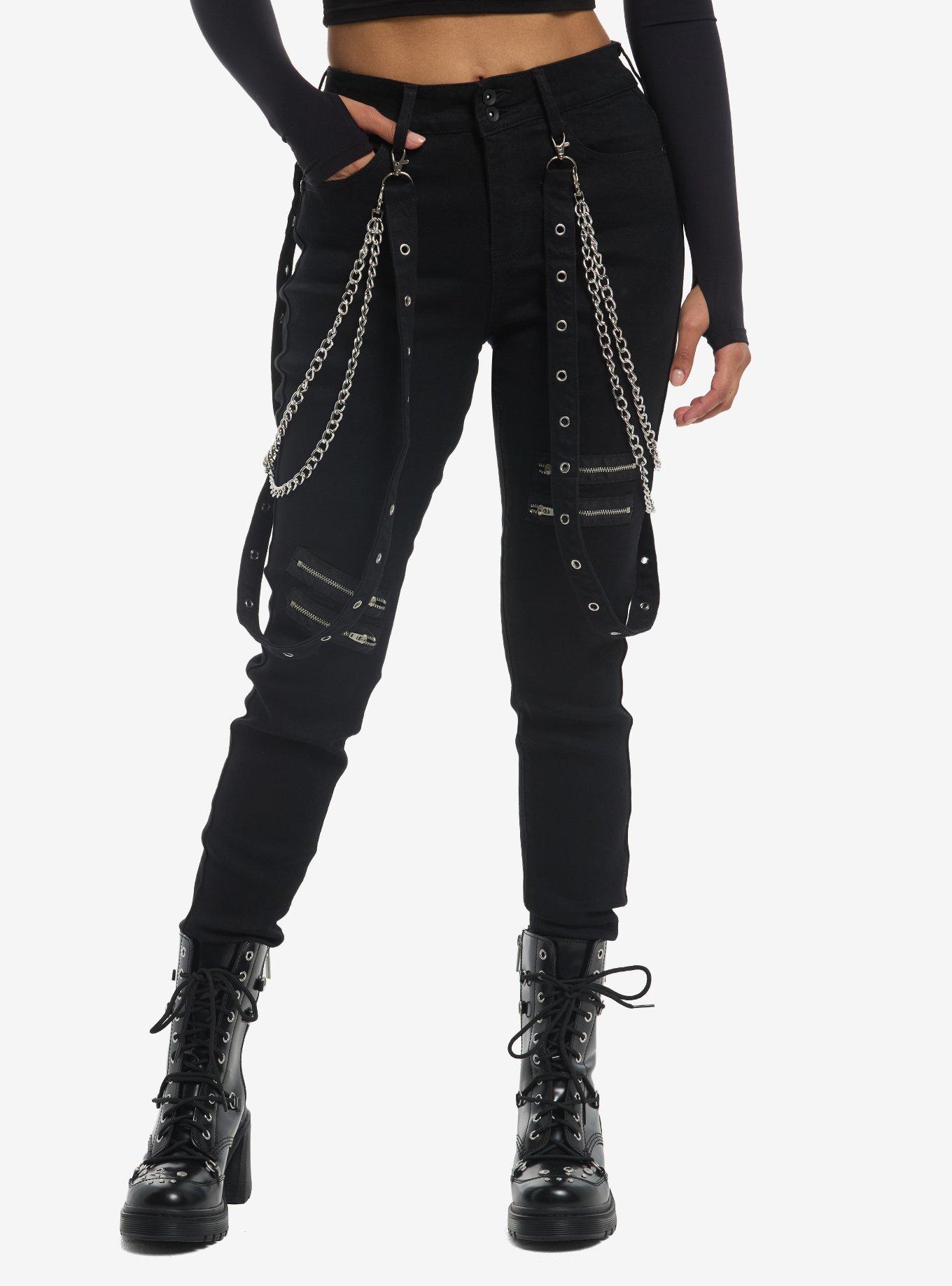 Social Collision Double Chain & Grommet Suspenders Super Skinny Jeans, , hi-res