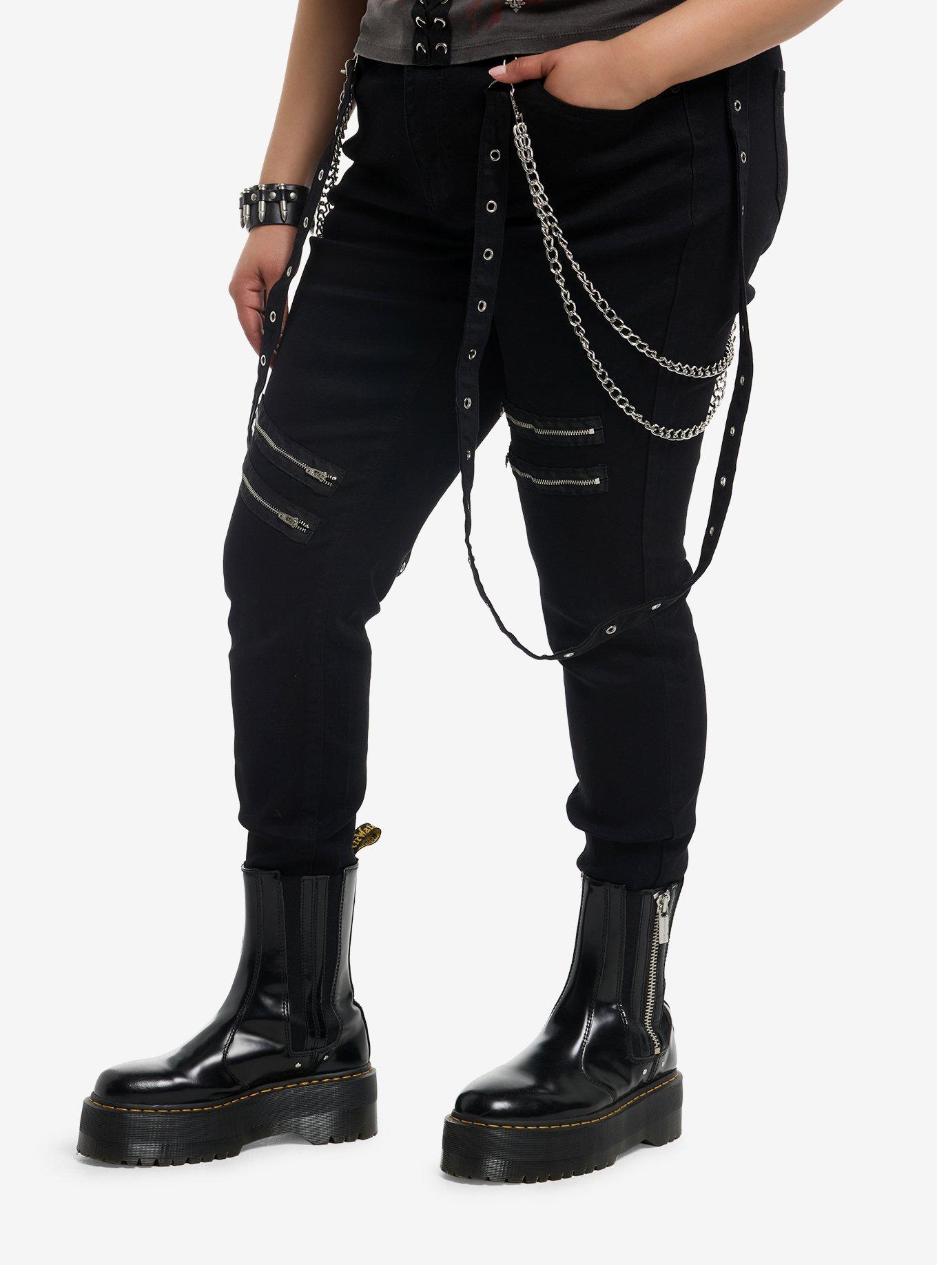 Social Collision Double Chain & Grommet Suspenders Super Skinny Jeans Plus Size, , hi-res