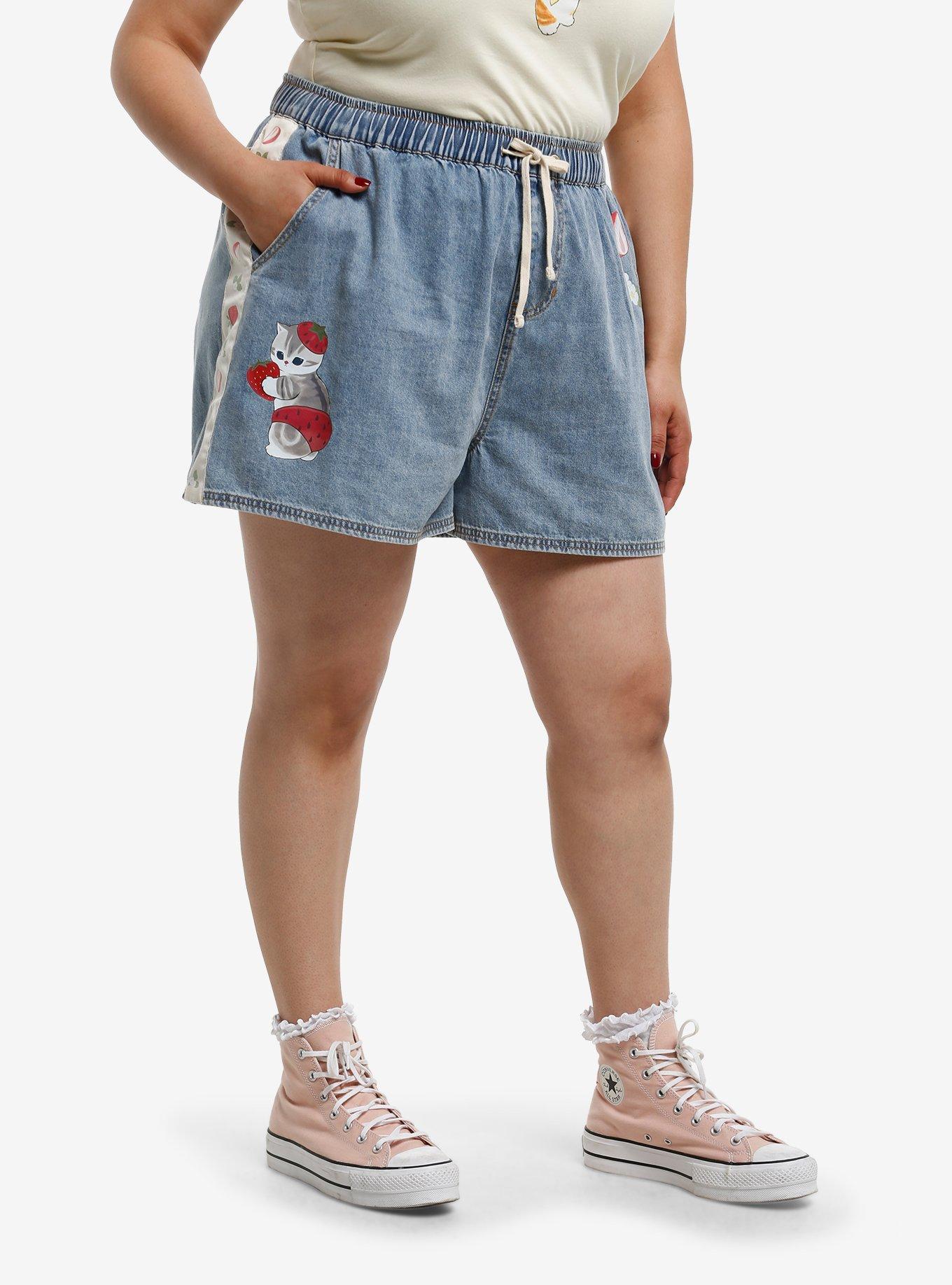 Mofusand Strawberry Denim Mom Shorts Plus Size, , hi-res
