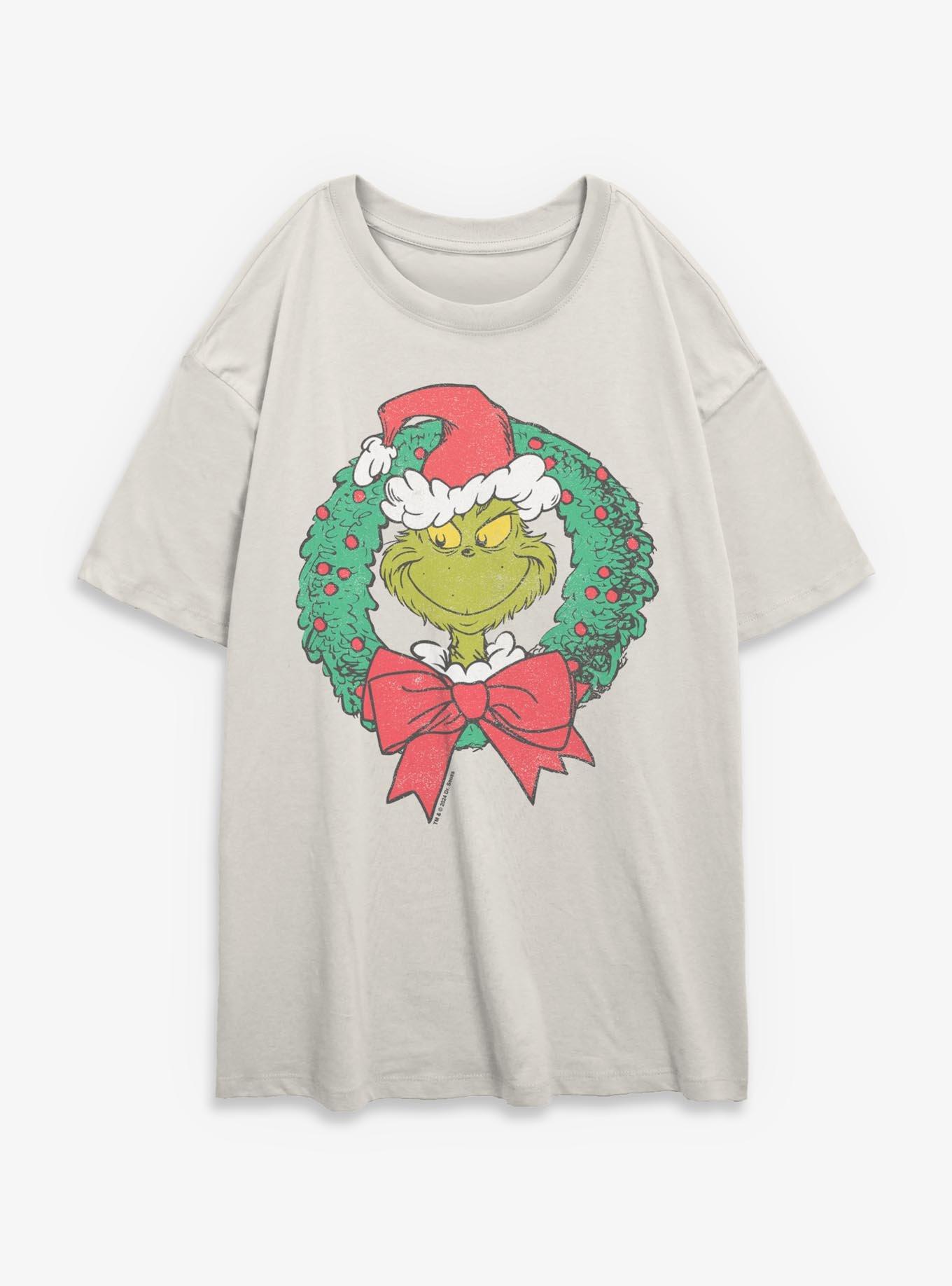 Dr. Seuss How The Grinch Stole Christmas Grinch Wreath Girls Oversized T-Shirt