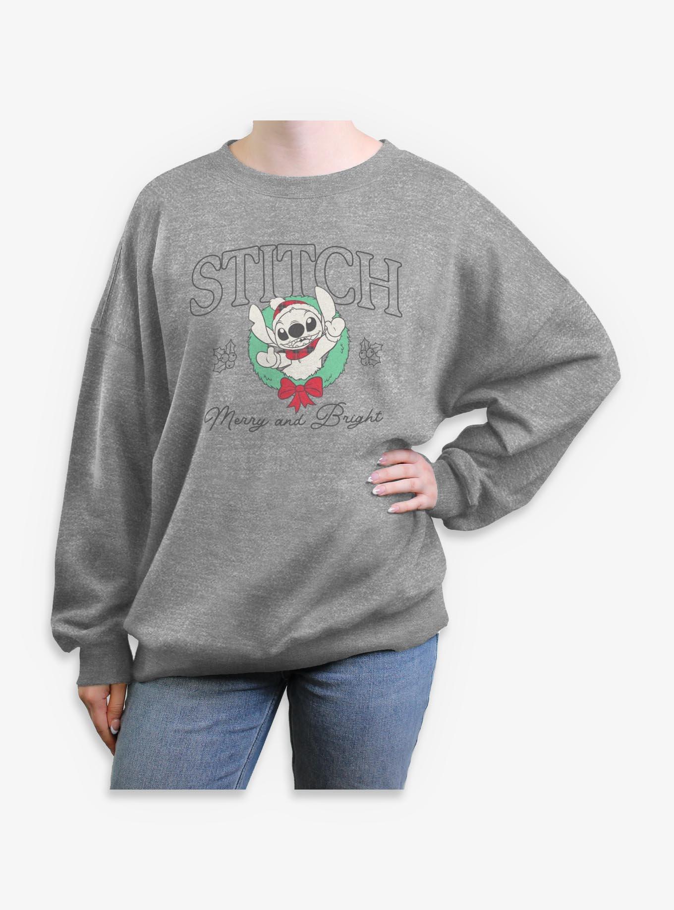 Disney Lilo & Stitch Stitch Holiday Wreath Merry & Bright Girls Oversized Sweatshirt, , hi-res