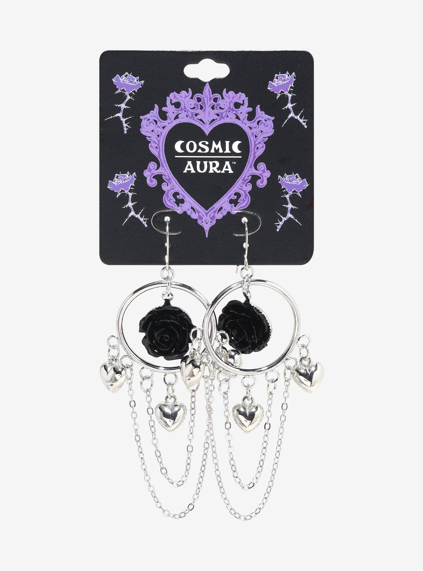 Cosmic Aura Black Rose Heart Charm Earrings, , hi-res