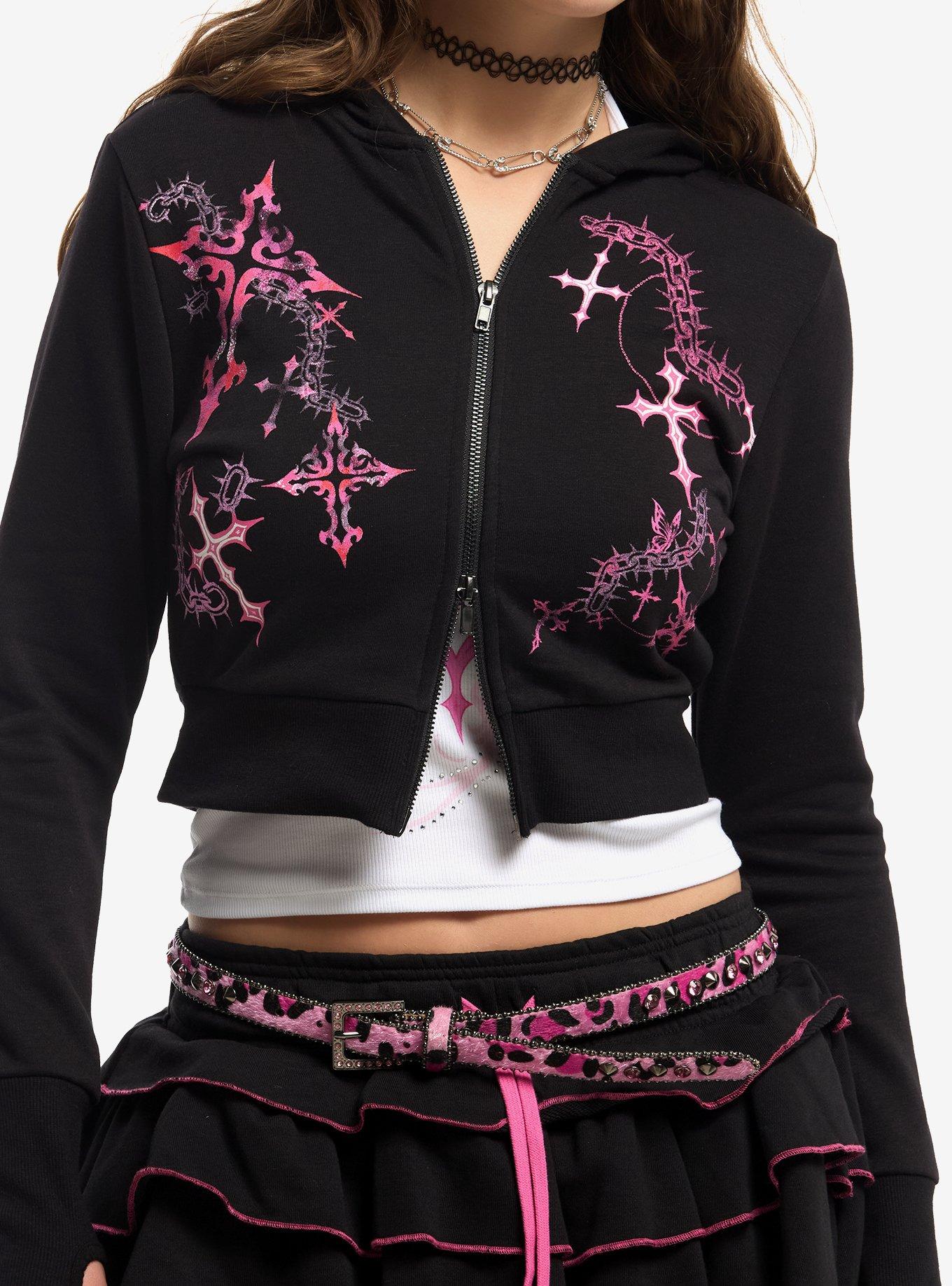 Sweet Society Pink Cross Chain Girls Extreme Crop Hoodie, , hi-res