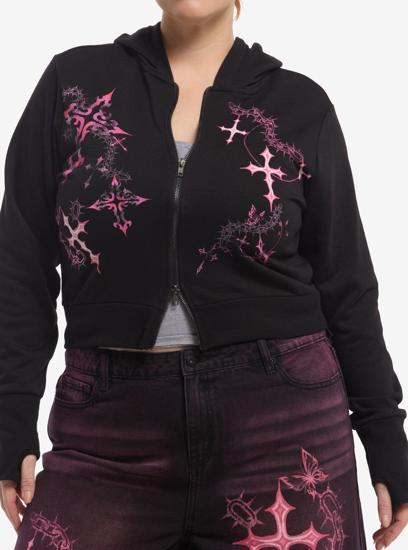 Sweet Society Pink Cross Chain Girls Extreme Crop Hoodie Plus Size, , hi-res