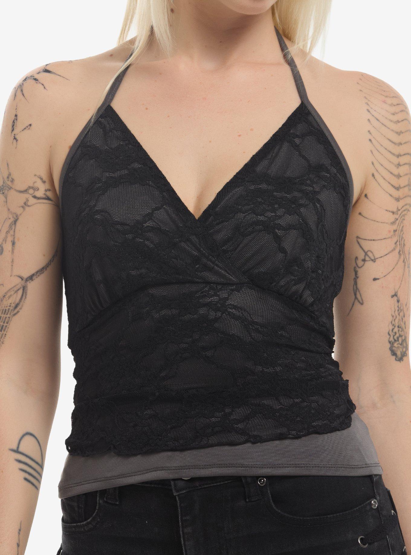 Cosmic Aura Black Lace Mesh Halter Top, , hi-res