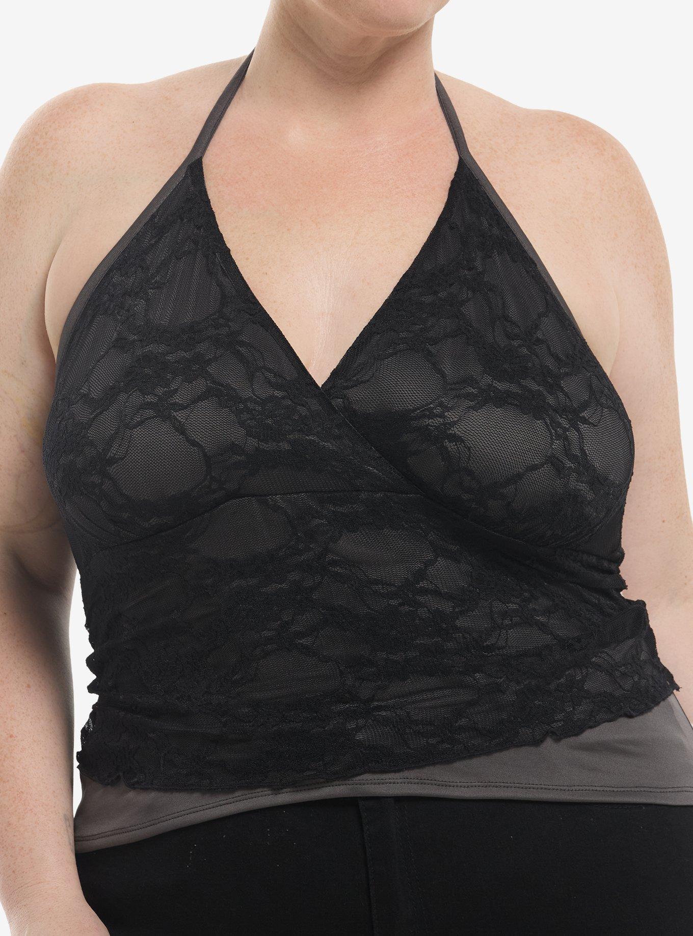 Cosmic Aura Black Lace Mesh Halter Top Plus Size, , hi-res
