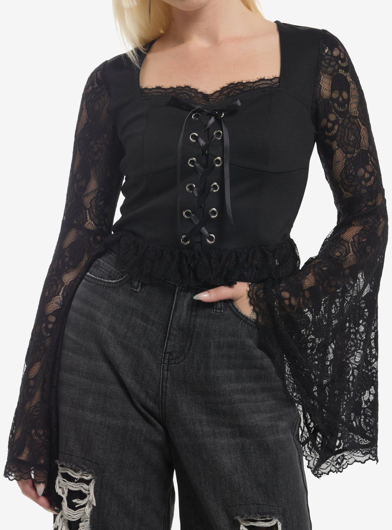 Cosmic Aura Black Skull Lace Girls Long-Sleeve Top, , hi-res