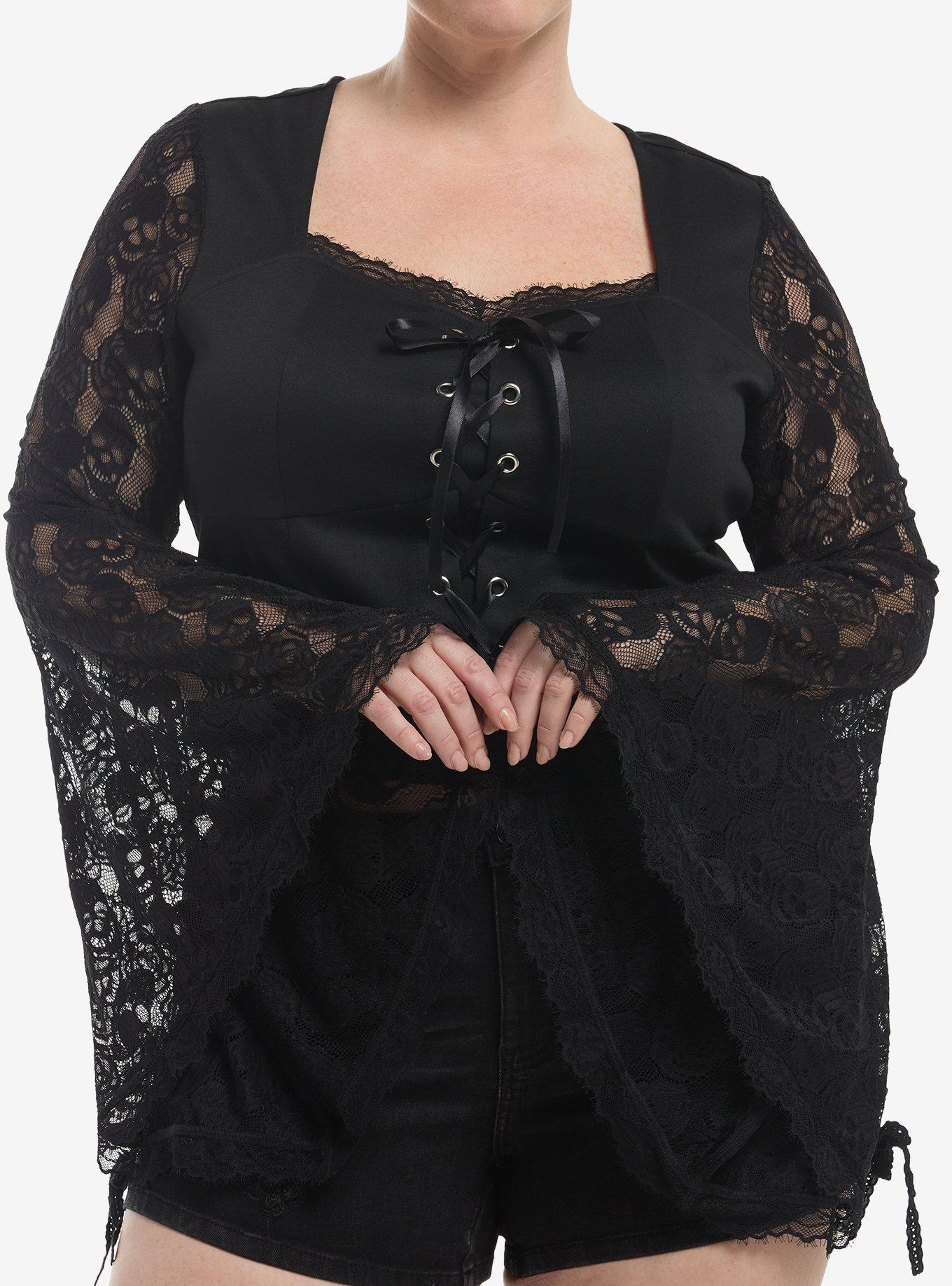 Cosmic Aura Black Skull Lace Girls Long-Sleeve Top Plus Size, , hi-res