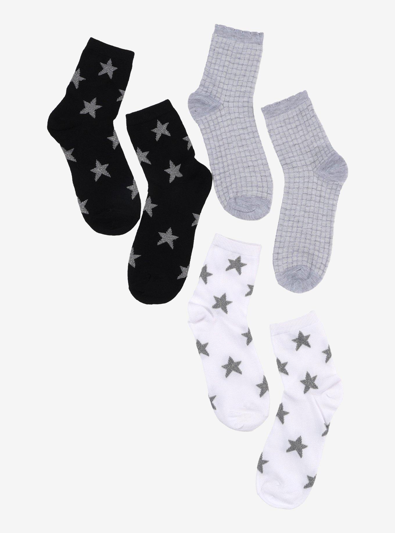 Silver Lurex Star Ankle Socks 3 Pair, , hi-res