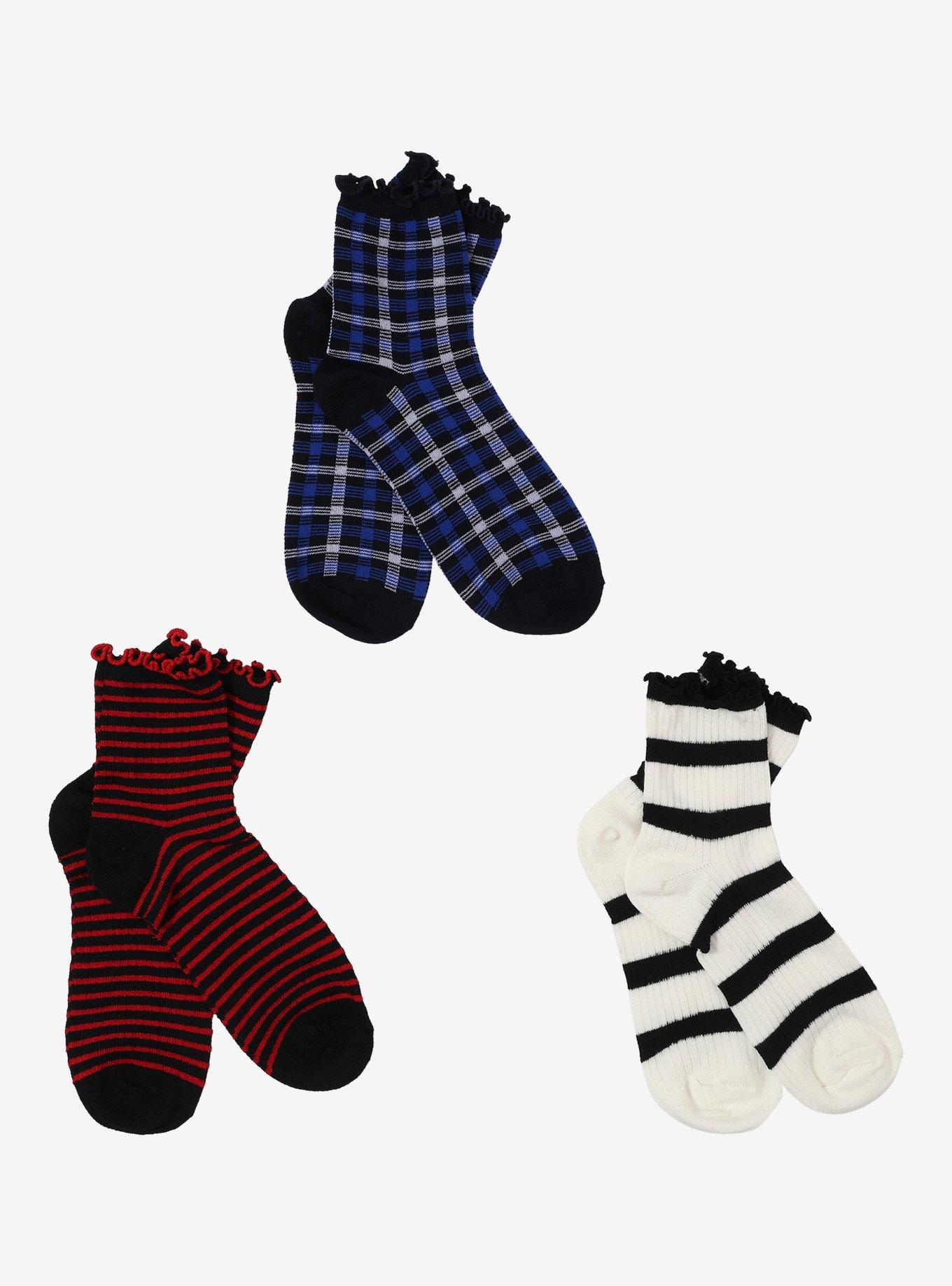 Multicolored Stripe & Plaid Lettuce Hem Ankle Socks 3 Pair, , hi-res