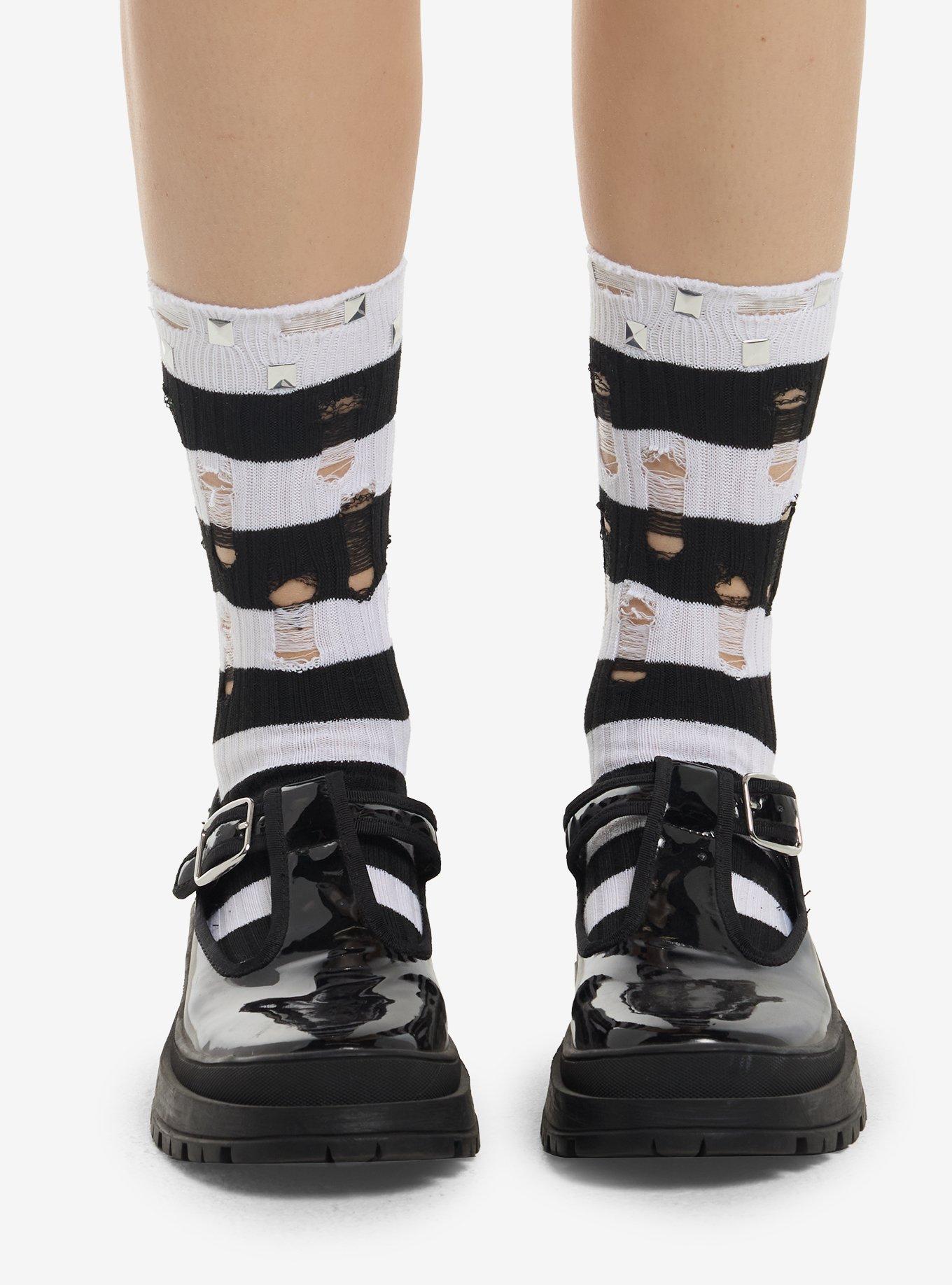 Black & White Stripe Studded & Distressed Crew Socks, , hi-res