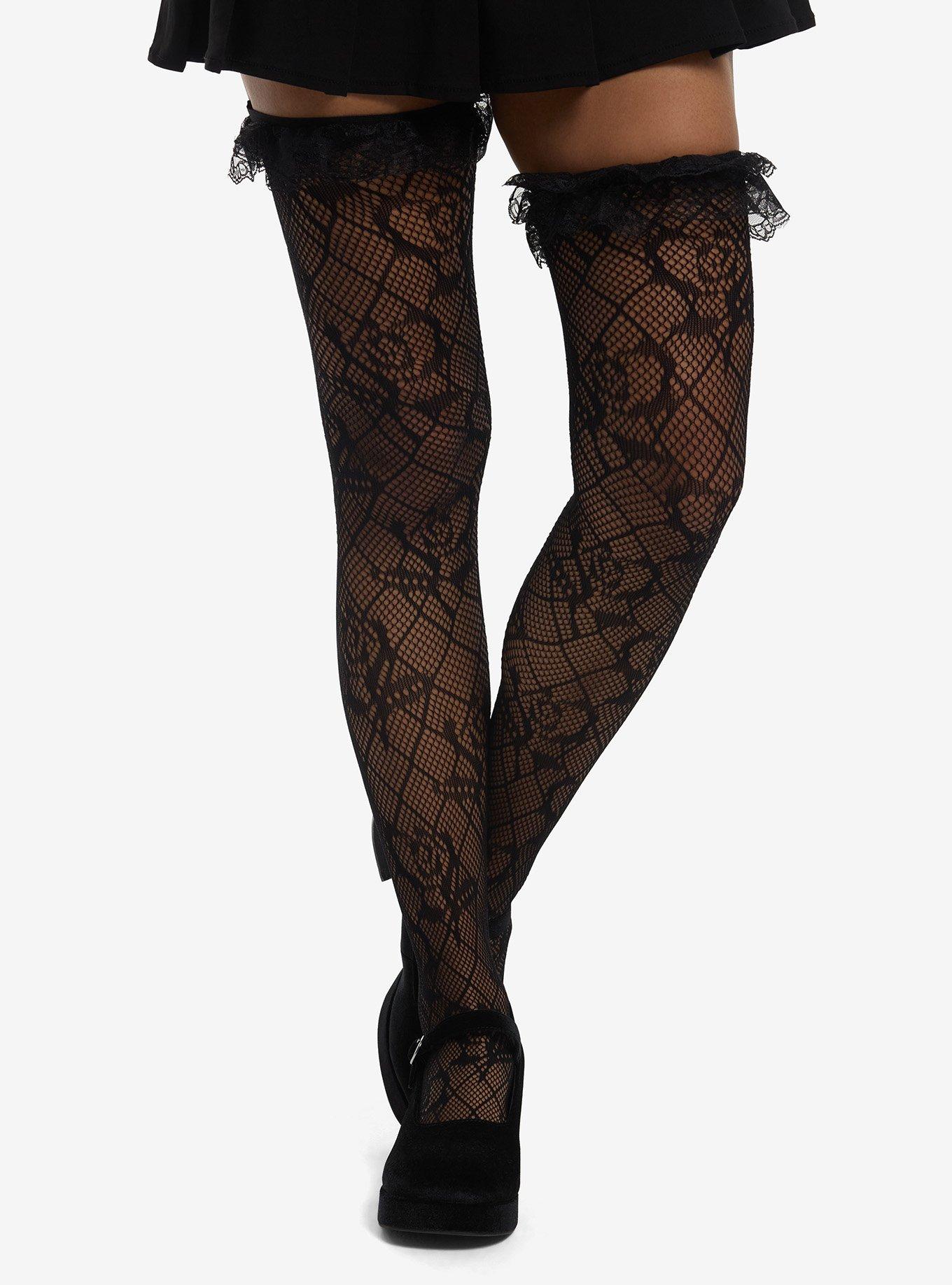 Black Rose Ruffle Fishnet Thigh Highs, , hi-res