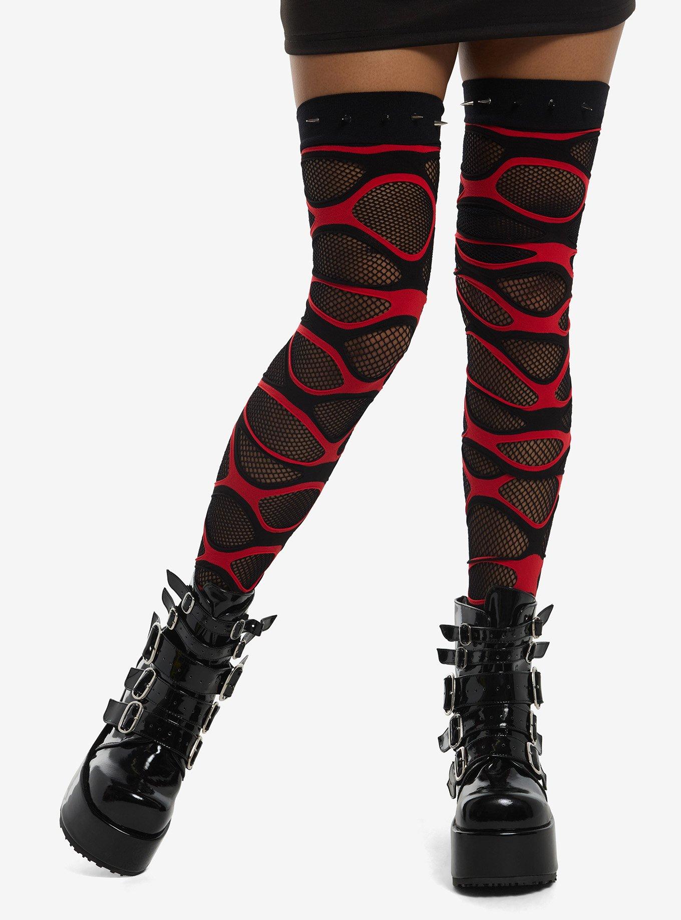 Black & Red Destructed Layered Fishnet Thigh Highs, , hi-res