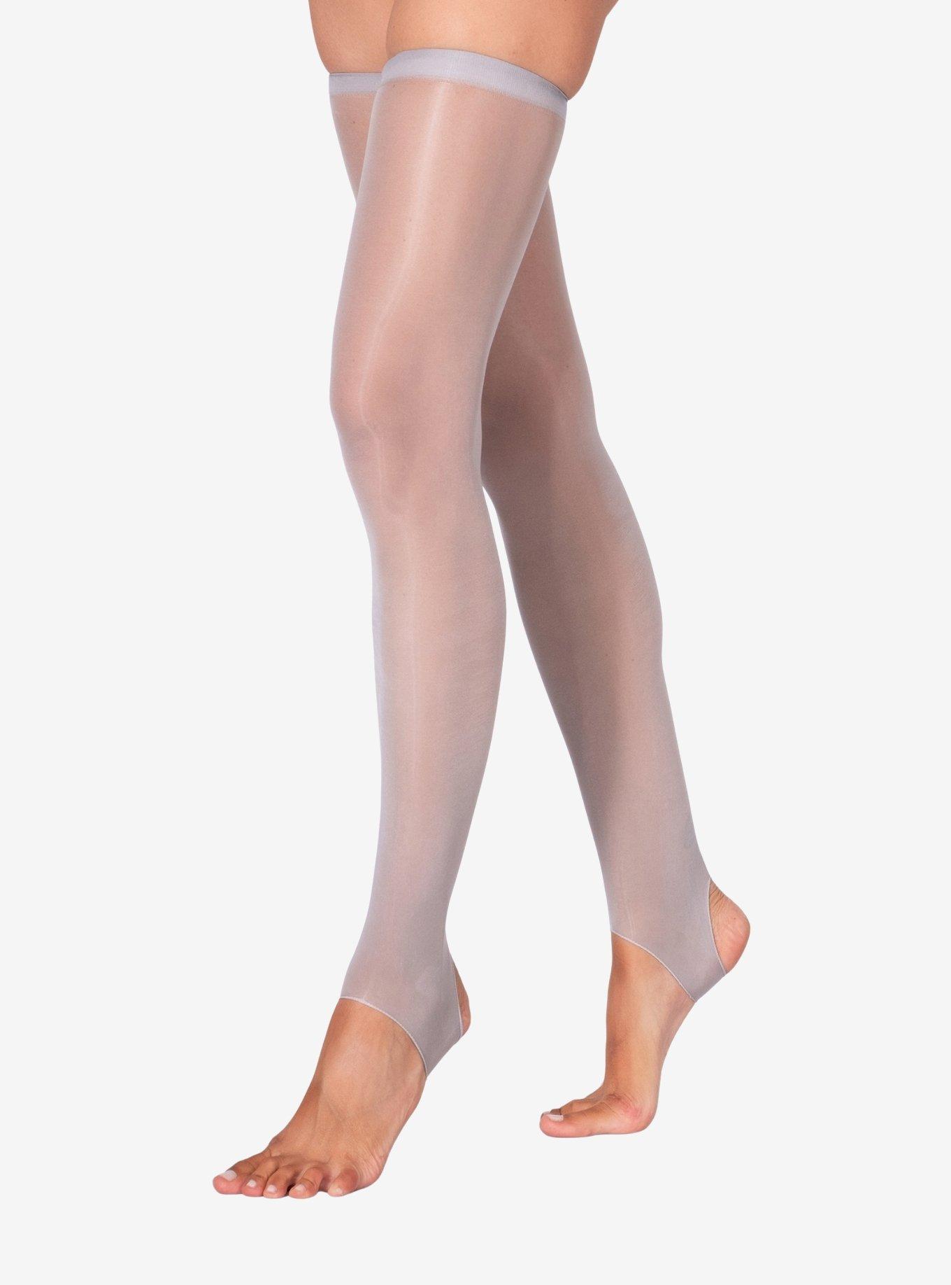 LECHERY Grey Lustrous Silky Shiny Stirrup Thigh Highs, , hi-res