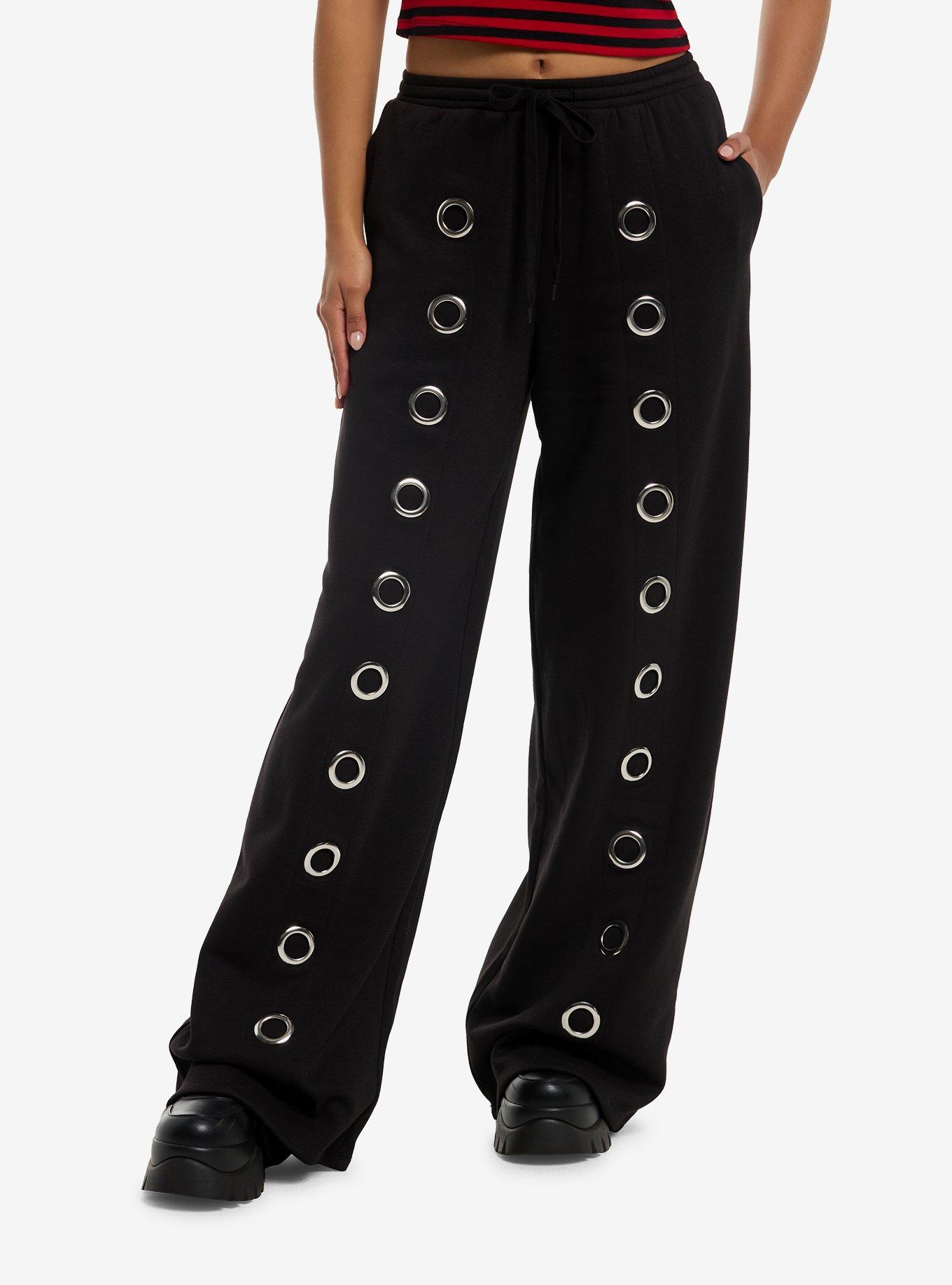 Social Collision Black Grommet Wide Leg Sweatpants, , hi-res