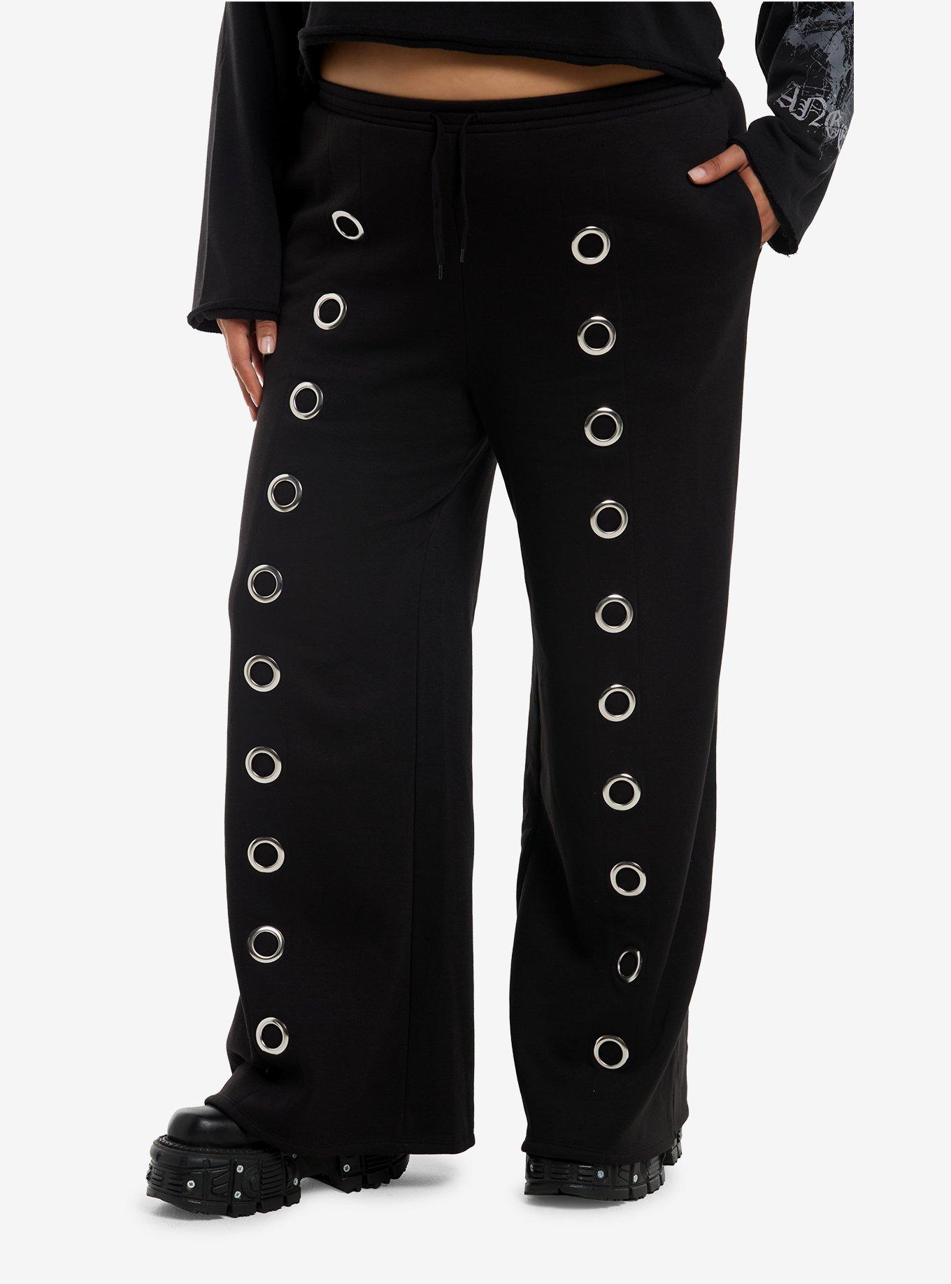 Social Collision Black Grommet Wide Leg Sweatpants Plus Size, , hi-res