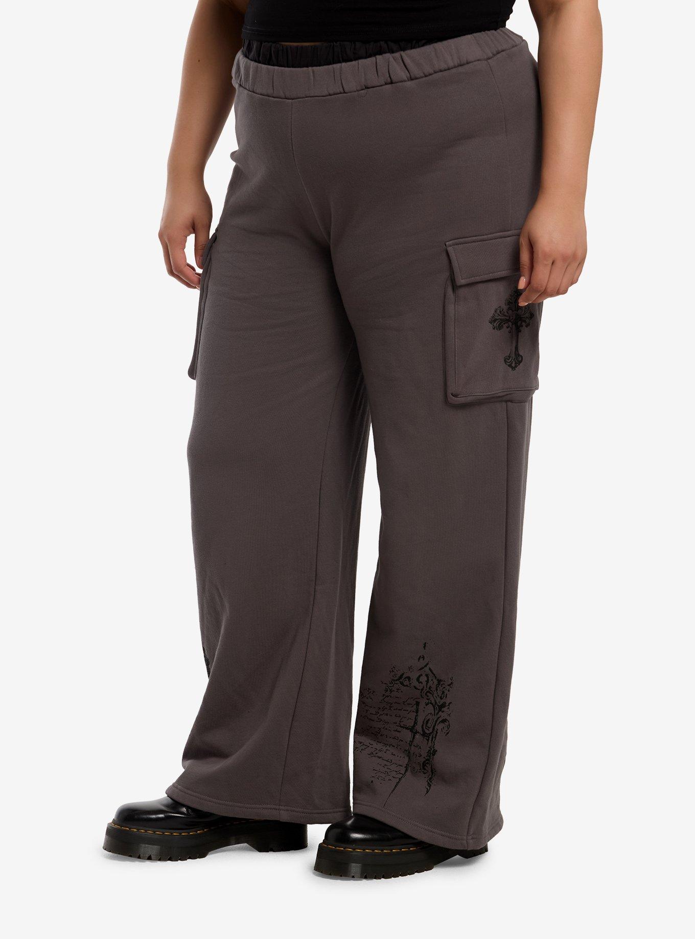 Grey Gothic Cross Double Waist Girls Lounge Pants Plus Size, , hi-res