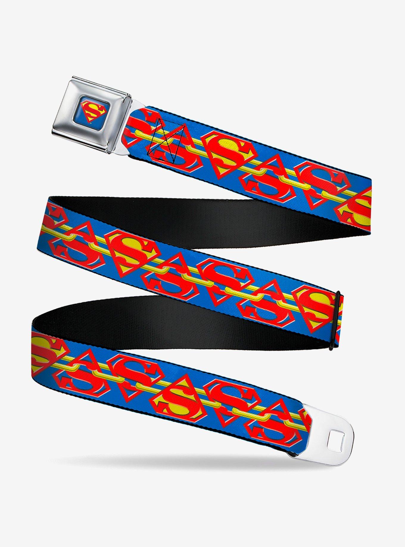 DC Comics Superman Chained Shield Logo Flip Blue Red Seatbelt Buckle Belt