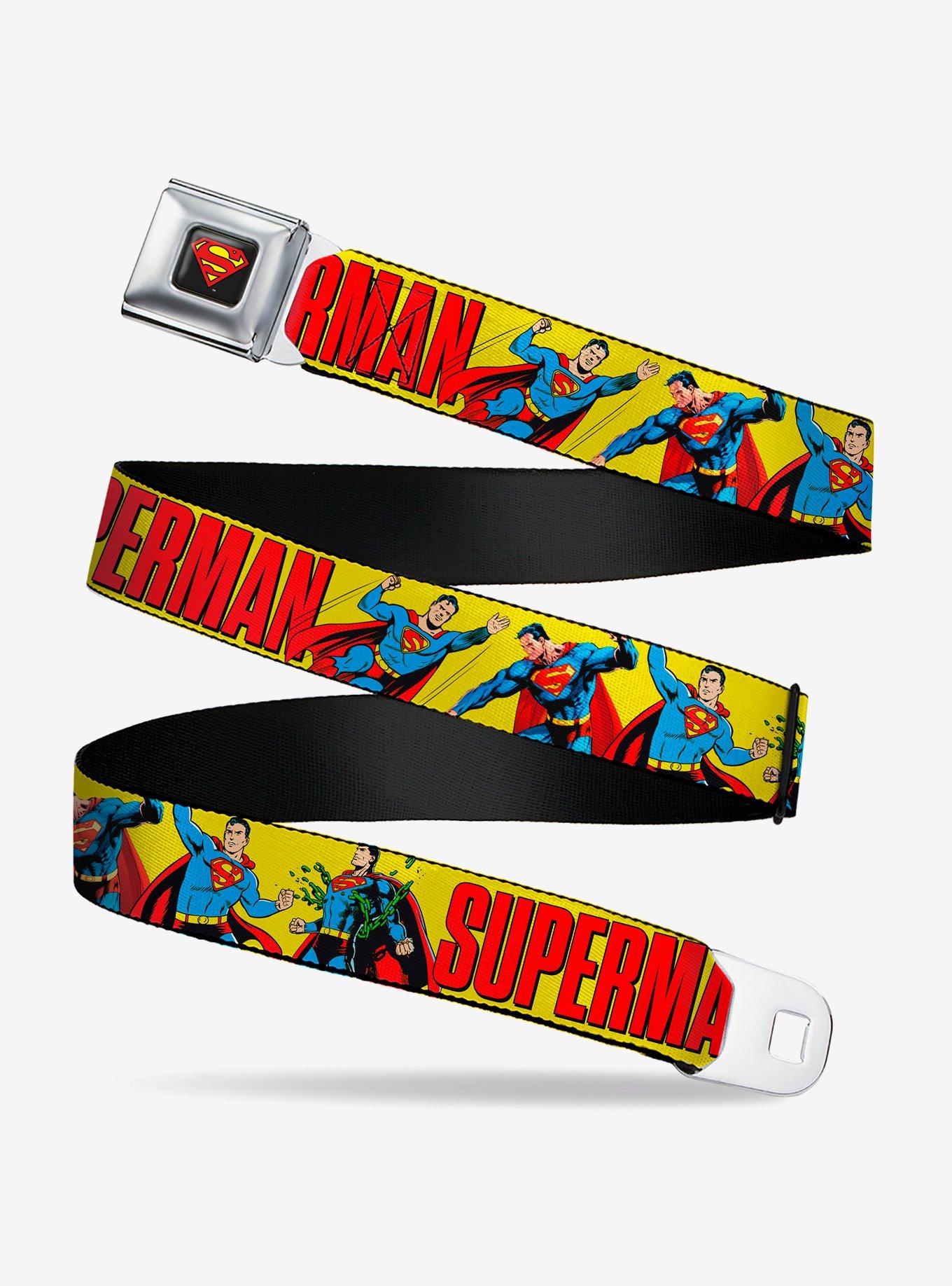 DC Comics Superman Action Poses and Text Red Seatbelt Buckle Belt, , hi-res