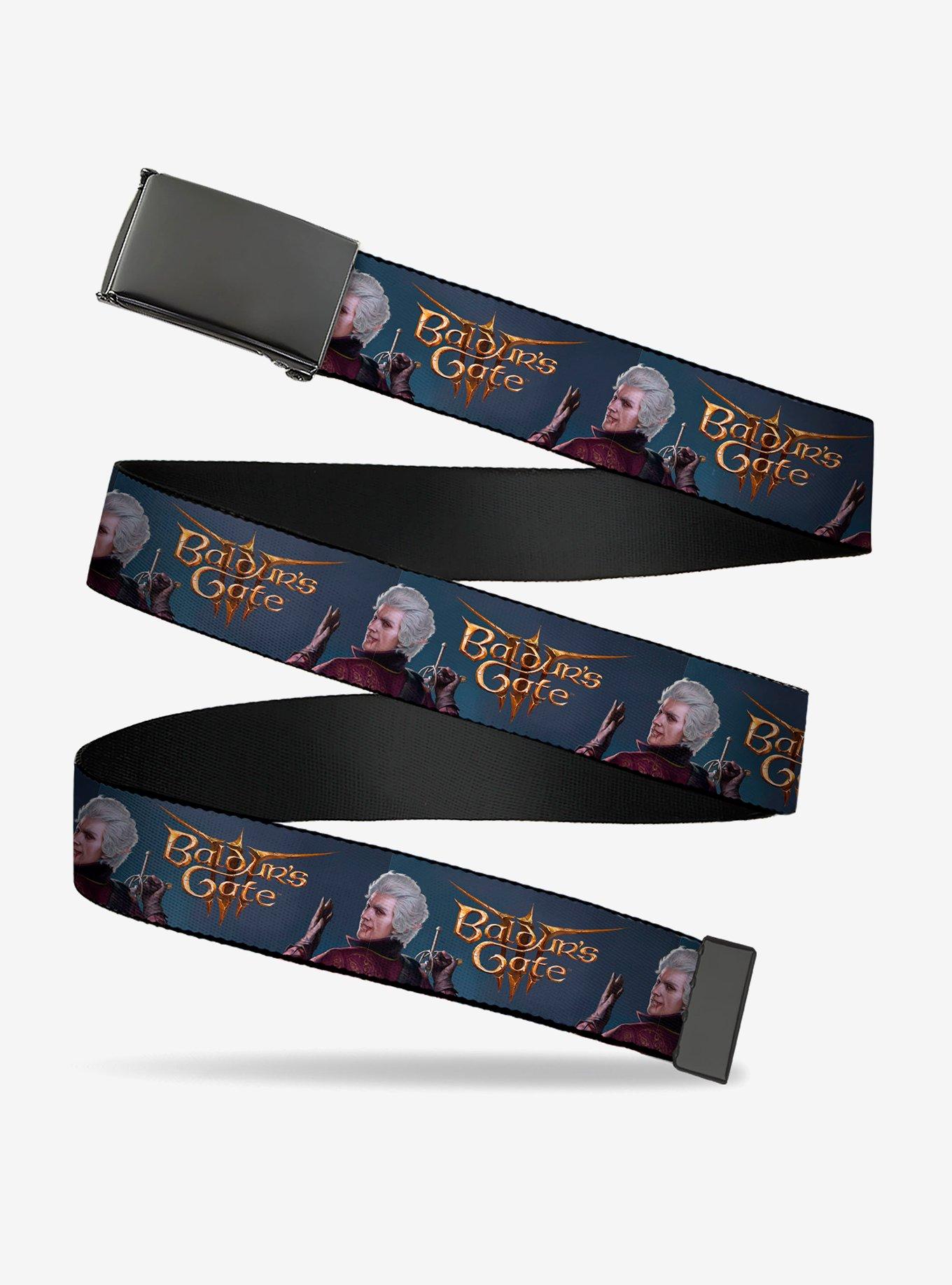 Baldur's Gate III Title Logo and Astarion Pose Clamp Buckle Belt