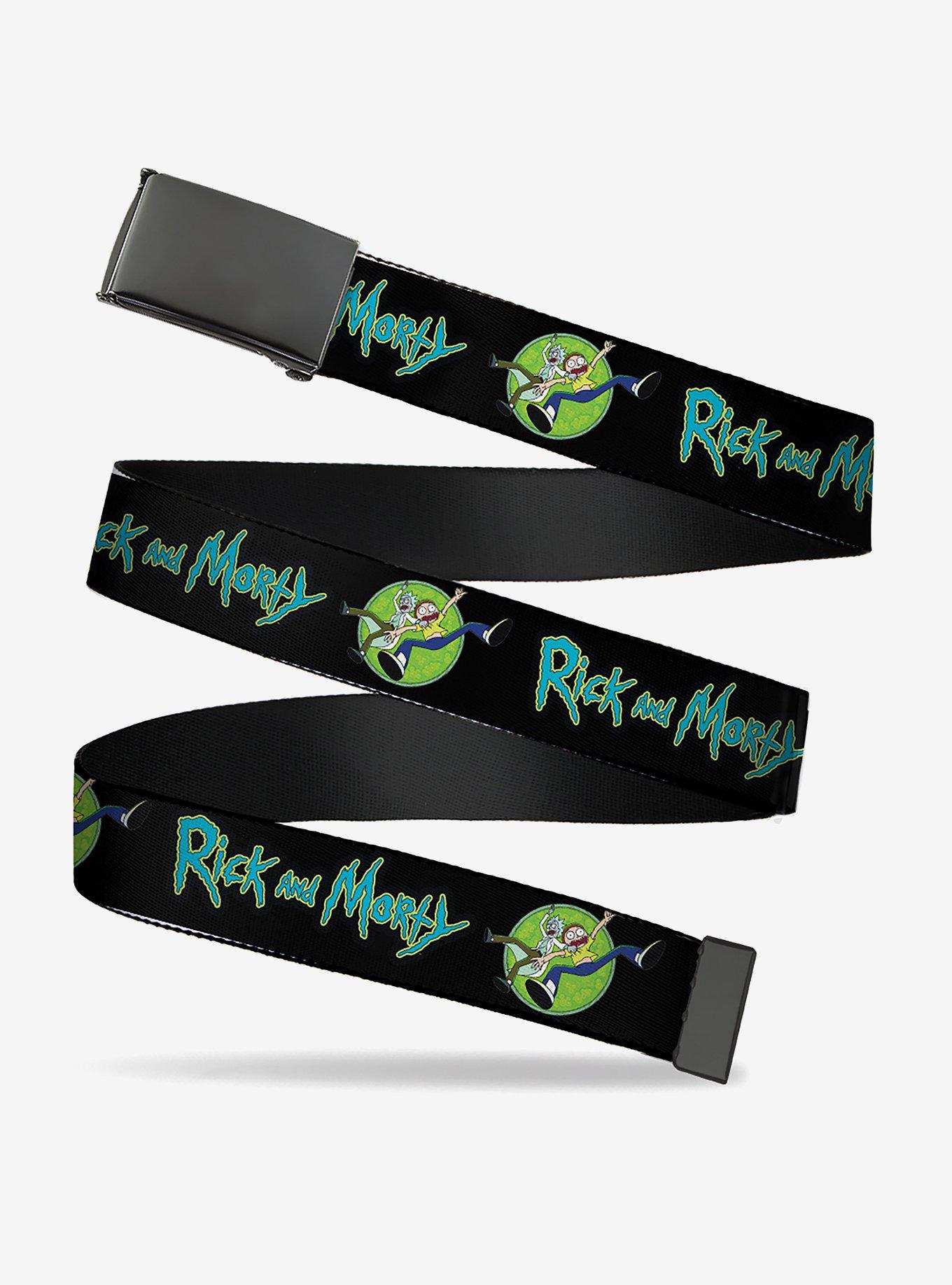 Rick and Morty Title Logo and Portal Pose Black Clamp Buckle Belt