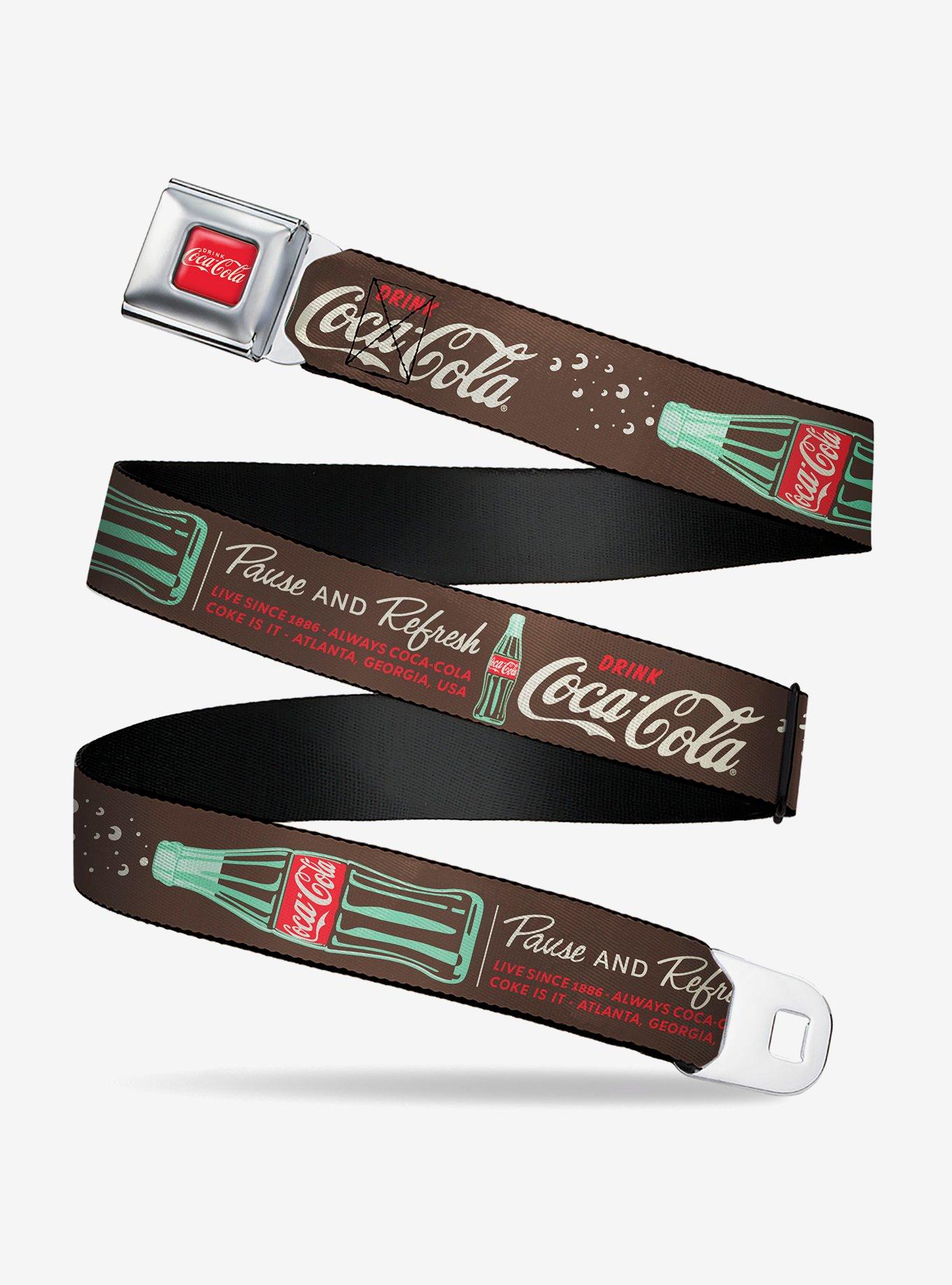 Coke Drink Coca-Cola Pause and Refresh Bottle Brown Seatbelt Buckle Belt, , hi-res
