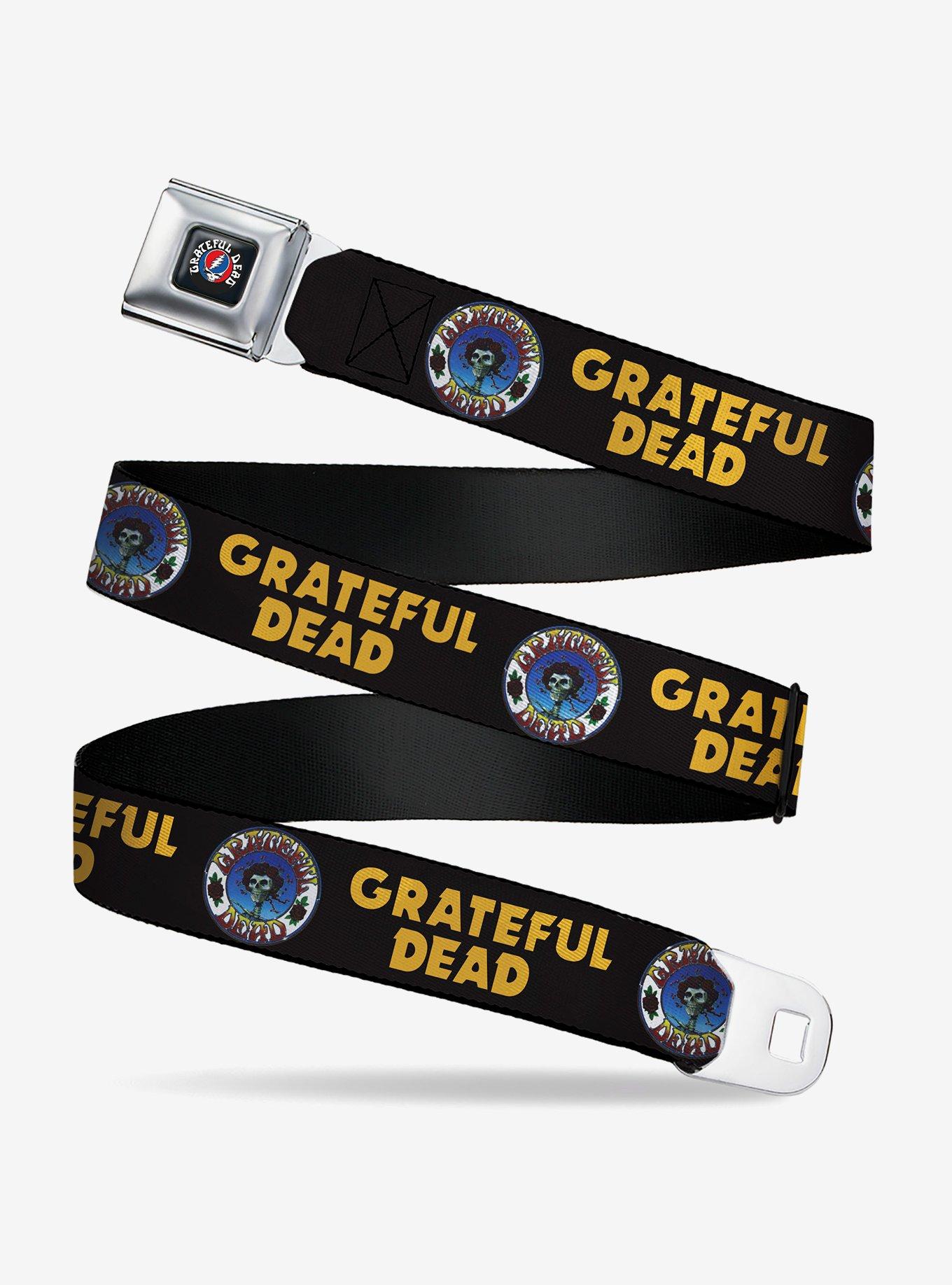 Grateful Dead Text Skull and Roses Round Logo Black Seatbelt Buckle Belt