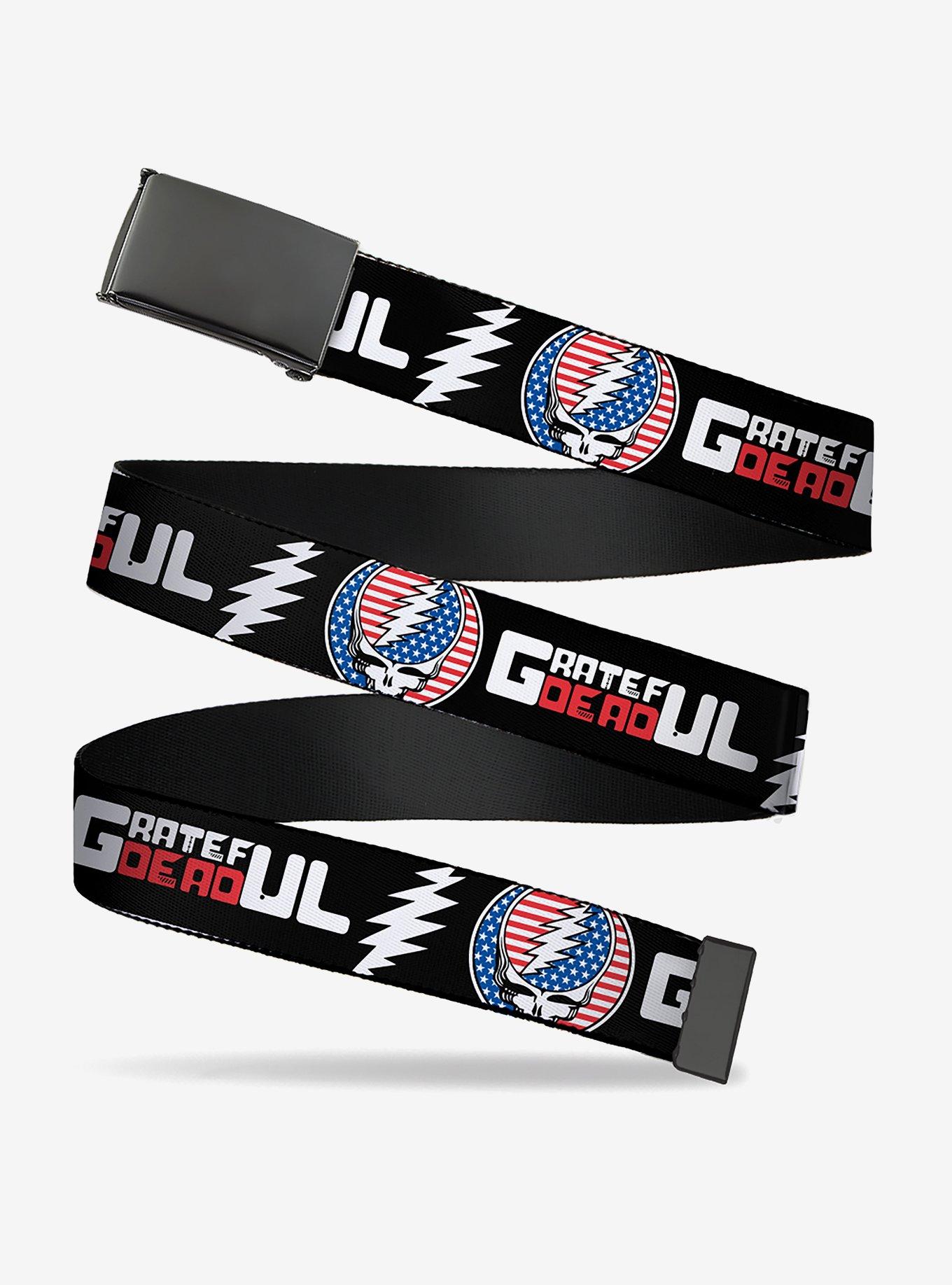 Grateful Dead Text Steal Your Face Americana Stars Stripes Clamp Buckle Belt, , hi-res