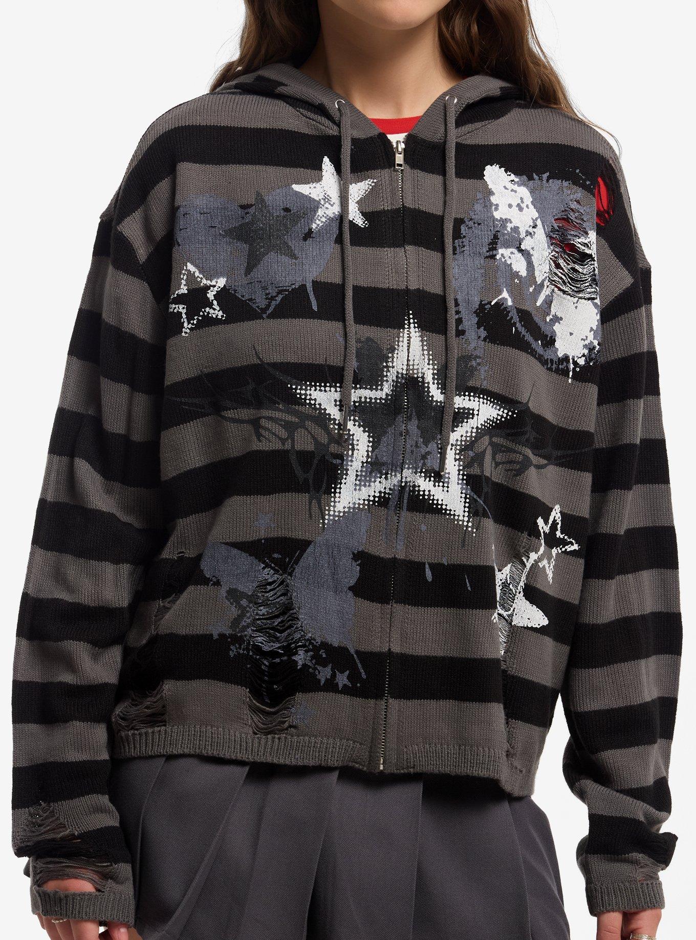 Social Collision Grunge Stripe Distressed Girls Knit Hoodie, , hi-res