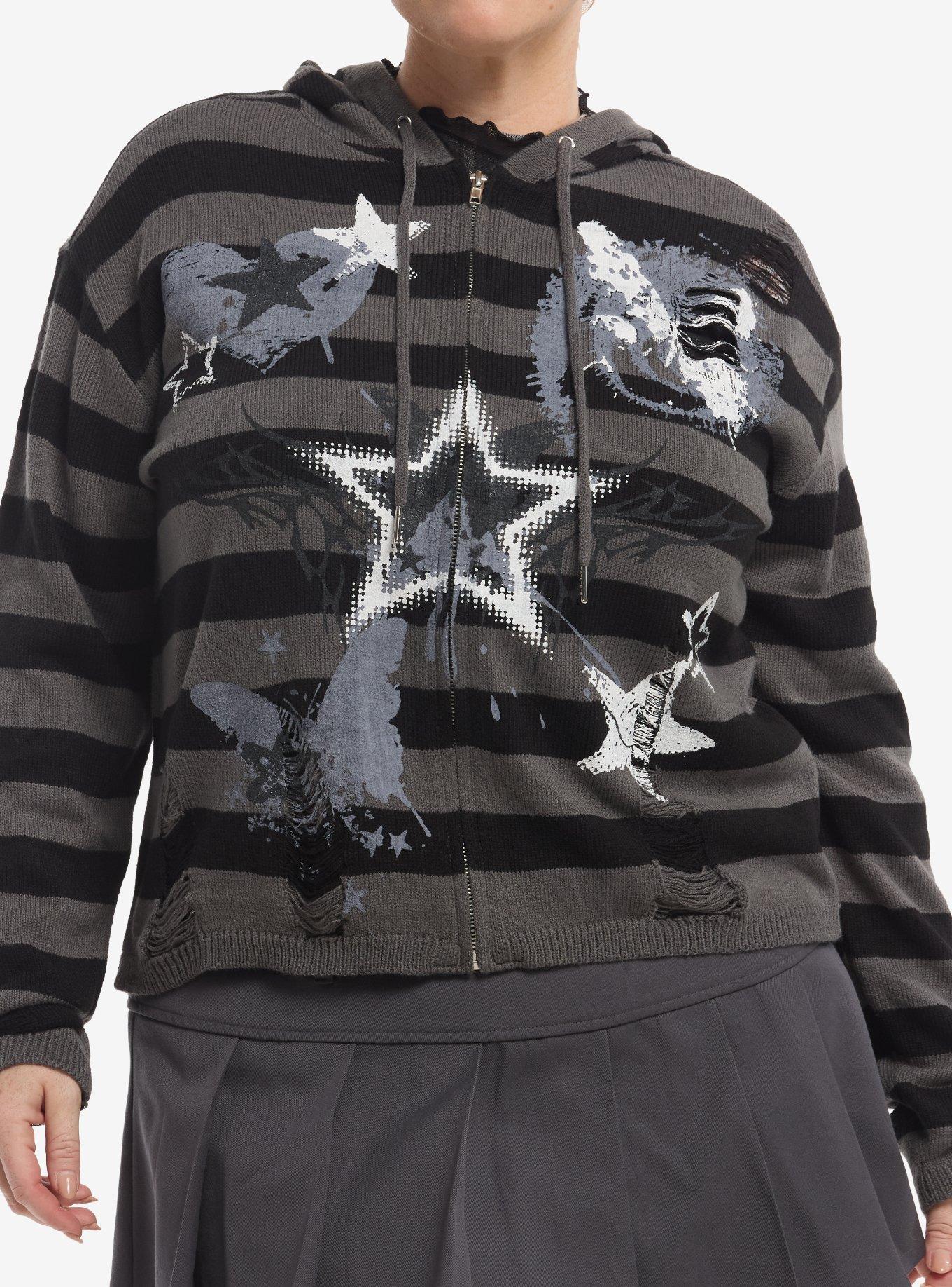 Social Collision Grunge Stripe Distressed Girls Knit Hoodie Plus Size, , hi-res