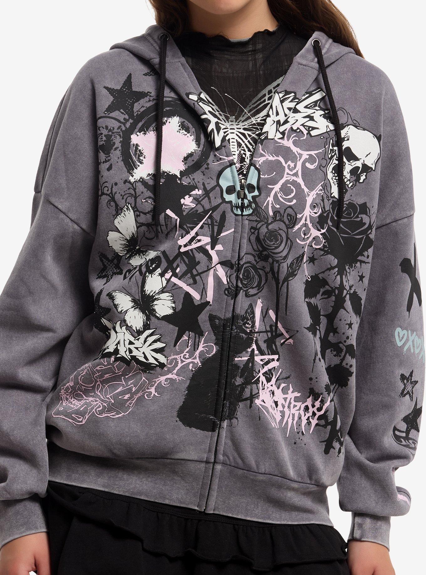 Social Collision Cat Skull Doodle Girls Hoodie, , hi-res