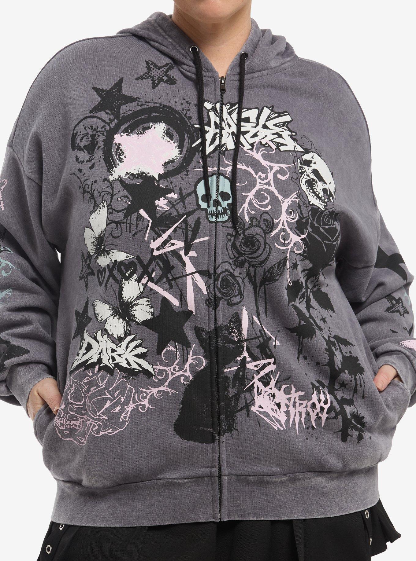 Social Collision Cat Skull Doodle Girls Hoodie Plus Size, , hi-res