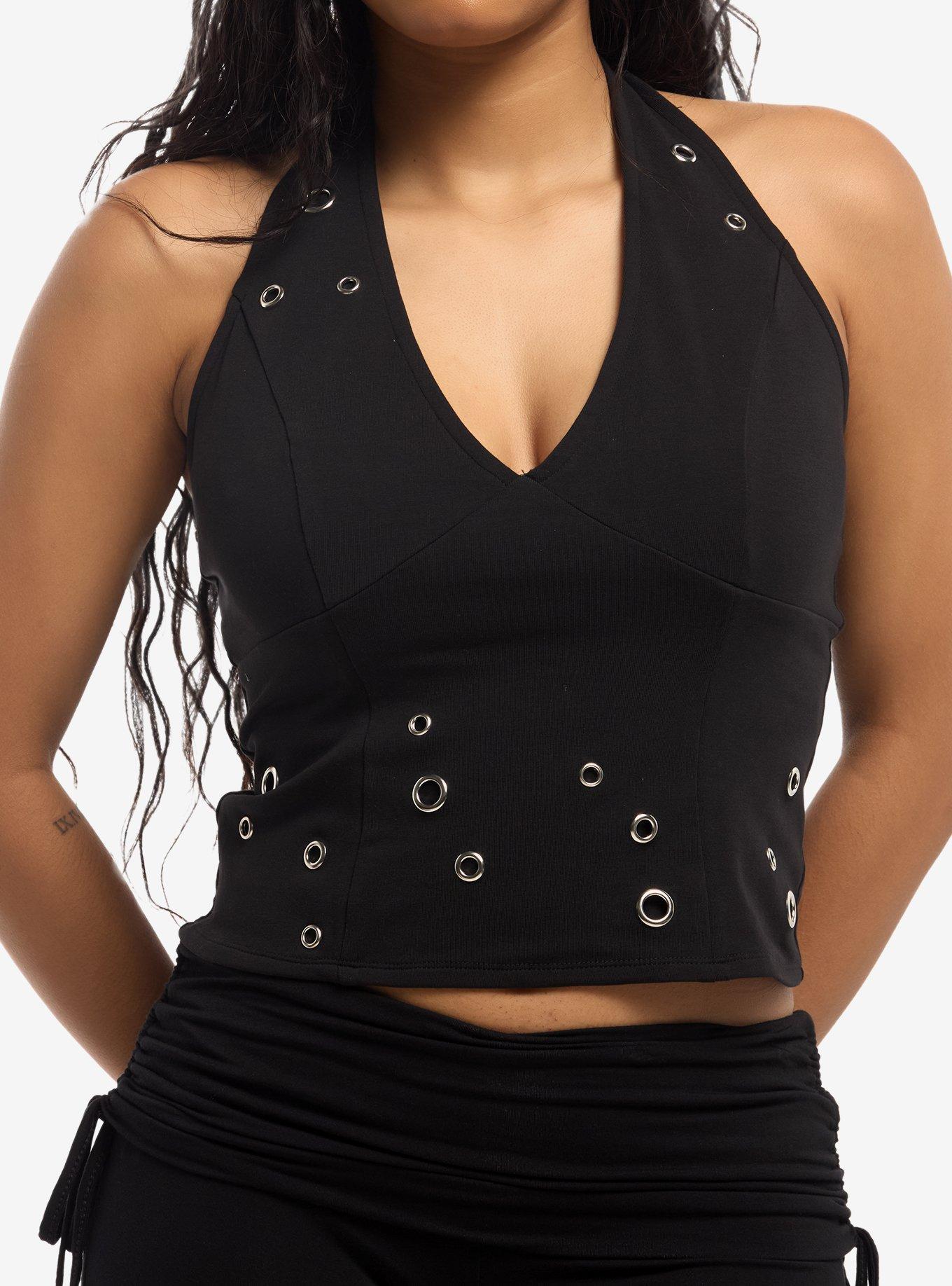 Social Collision Black Grommet Girls Halter Top, , hi-res
