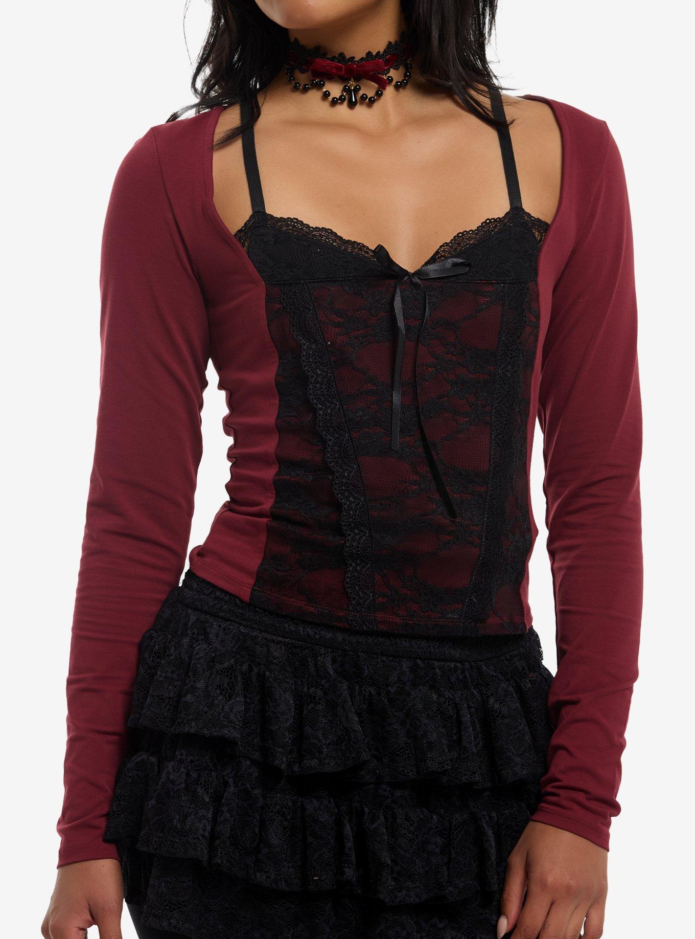 Burgundy Black Lace Faux Twofer Girls Long-Sleeve Top, , hi-res