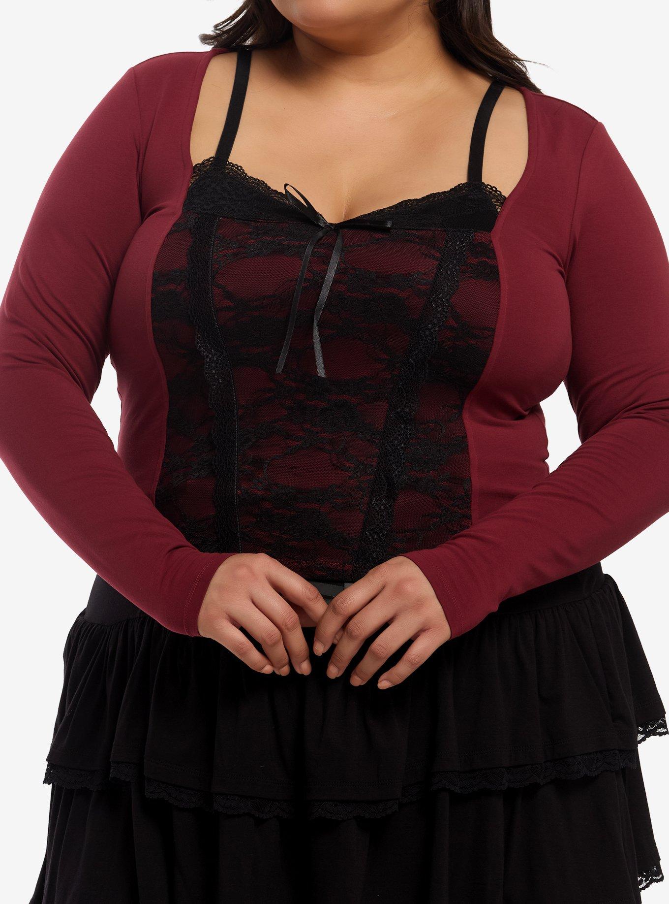 Burgundy Black Lace Faux Twofer Girls Long-Sleeve Top Plus Size, , hi-res