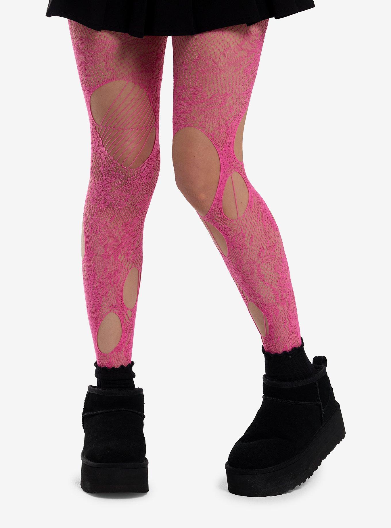 Hot Pink Distressed Fishnet Tights, , hi-res