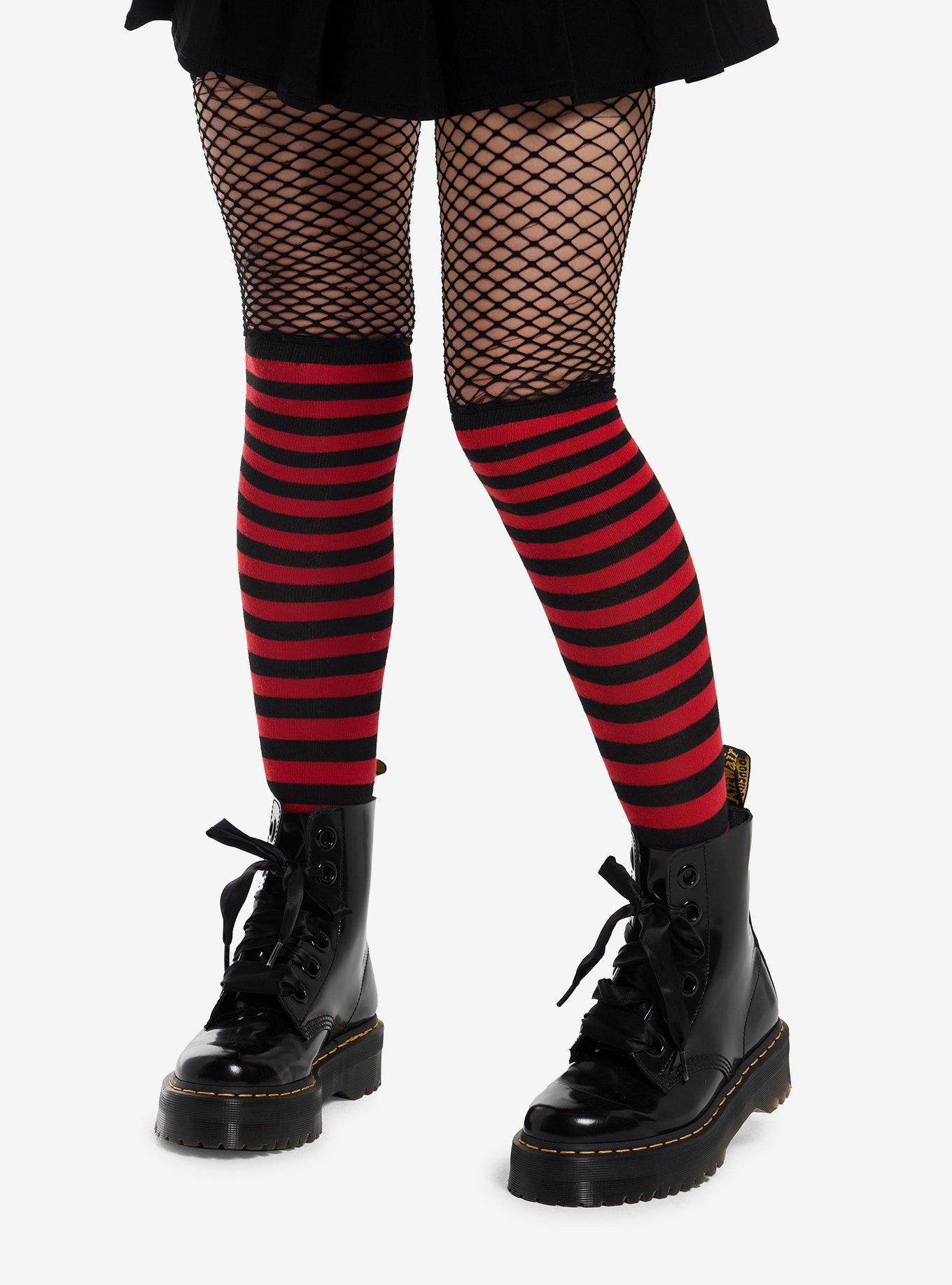 Black & Red Stripe Fishnet Garter Over-The-Knee Socks, , hi-res