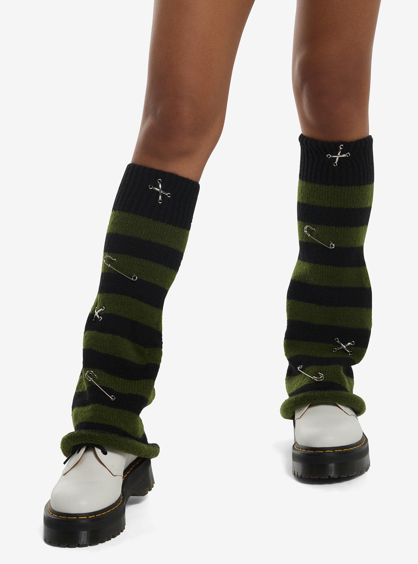 Black & Green Stripe Hardware Flare Leg Warmers, , hi-res
